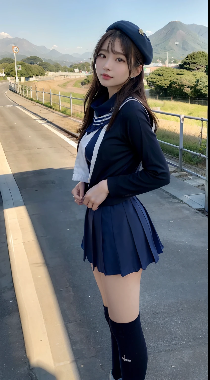 ((最high quality, 8k, masterpiece: 1.3, Ultra HD, high quality, 最high quality, High resolution, realism)) 、Very beautiful 18 year old Japanese girl、Hair color is black、black eye、Medium Hair、Straight hair、smile、A slim but well-proportioned muscular body、Athlete-like figure、I&#39;t&#39;I&#39;I don&#39;t want my head to disappear from the screen...、sit on a high breakwater on the beach、The blue sky is beautiful、There&#39;s a cloud at the entrance、that&#39;summer、I'm wearing a sailor suit、Wearing a navy blue pleated skirt、Wear loafers、There is a road in front of the breakwater..、There is a sign indicating the bus stop.、The sea is beautiful、The horizon looks beautiful、I can see an island off the coast、On the embankment,(()), ((Narrow waist, Thin thighs, Round ass,Thin arms, St flip))