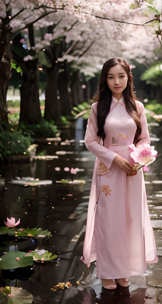 1 person, in the cherry blossom forest, Vietnamese ao dai, holding a lotus flower (light pink), long hair, light breeze, lotus background,Gentle smile, super beautiful face, smooth skin, Ao Dai with the Vietnamese flag under the hem, falling lotus flowers ,Long legs (just enough), Super sharp images, Ultra 8K, Ultra HD