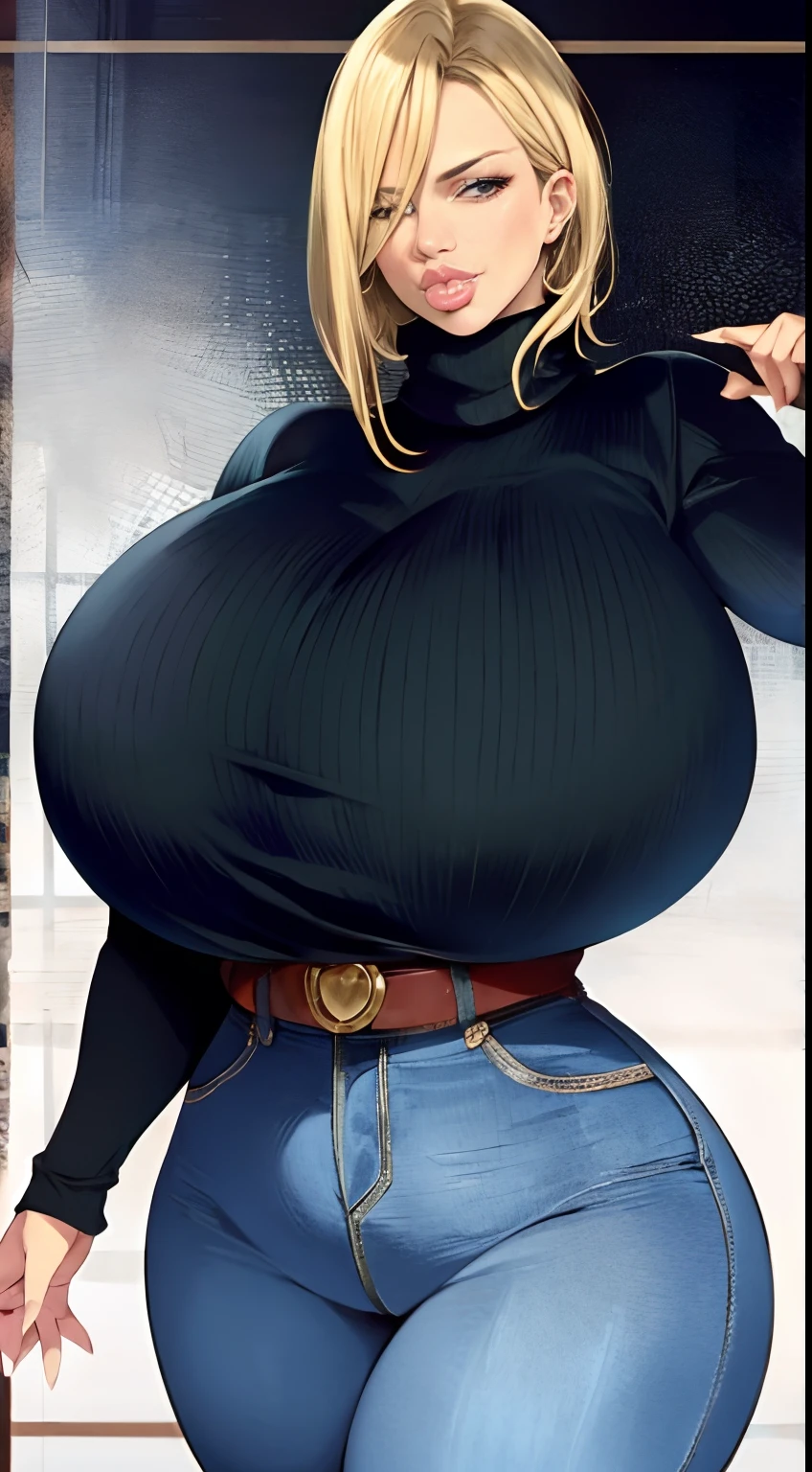 Hilary Duff, milf, mature, short blonde hair, blonde, faux bob hairstyle, high cheekbones, big lips, full lips, pouting, pouting lips, tall, curvaceous, small waist, big hips, hip dips, large breasts, big breasts, sagging breasts, long legs, turtleneck sweater, denim pants, Best quality, 8k, Masterpiece, realistic, photorealistic, (gigantic breasts:1.2)