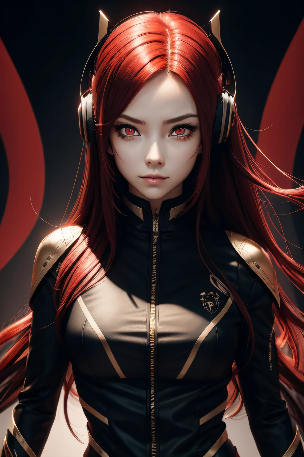 girl with long red hair, red eyes, futuristic vibes, mask on mouth, headphones, 8k, high quality, simple background, glowing eyes, nice pose