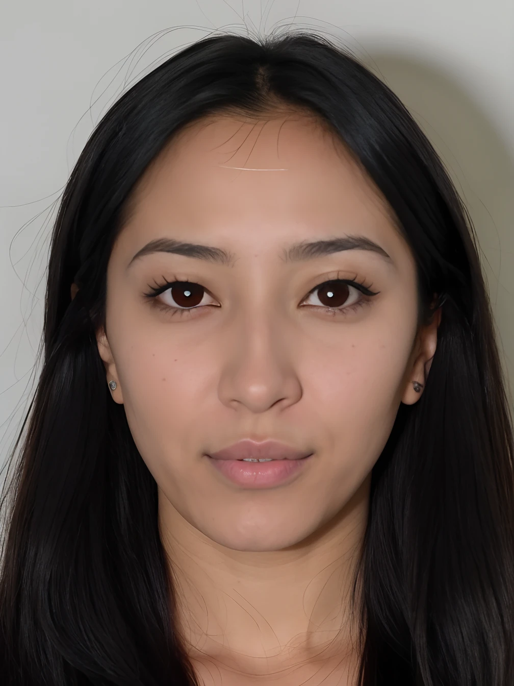 Un primer plano de una mujer con cabello largo y negro y un collar, 25 years female, 25 year old woman, Imagen de la cara, Ayamin Kojima, Sara Ali, Aykut Aydogdu, Retrato frontal, Rostro femenino, Imagen central, foto de la cara, imagen frontal, cabello negro y ojos grandes, with symmetrical facial features, Rostro femenino joven
