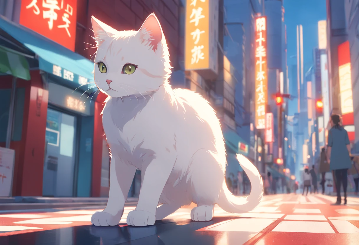 a white kitten++ Do cat poses, Ultra HD and Ultra High Resolution, urban in the background, zebra crossings, red lights, toyko, mirror, sunlight