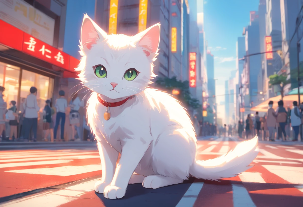 a white kitten++ Do cat poses, Ultra HD and Ultra High Resolution, urban in the background, zebra crossings, red lights, toyko, mirror, sunlight