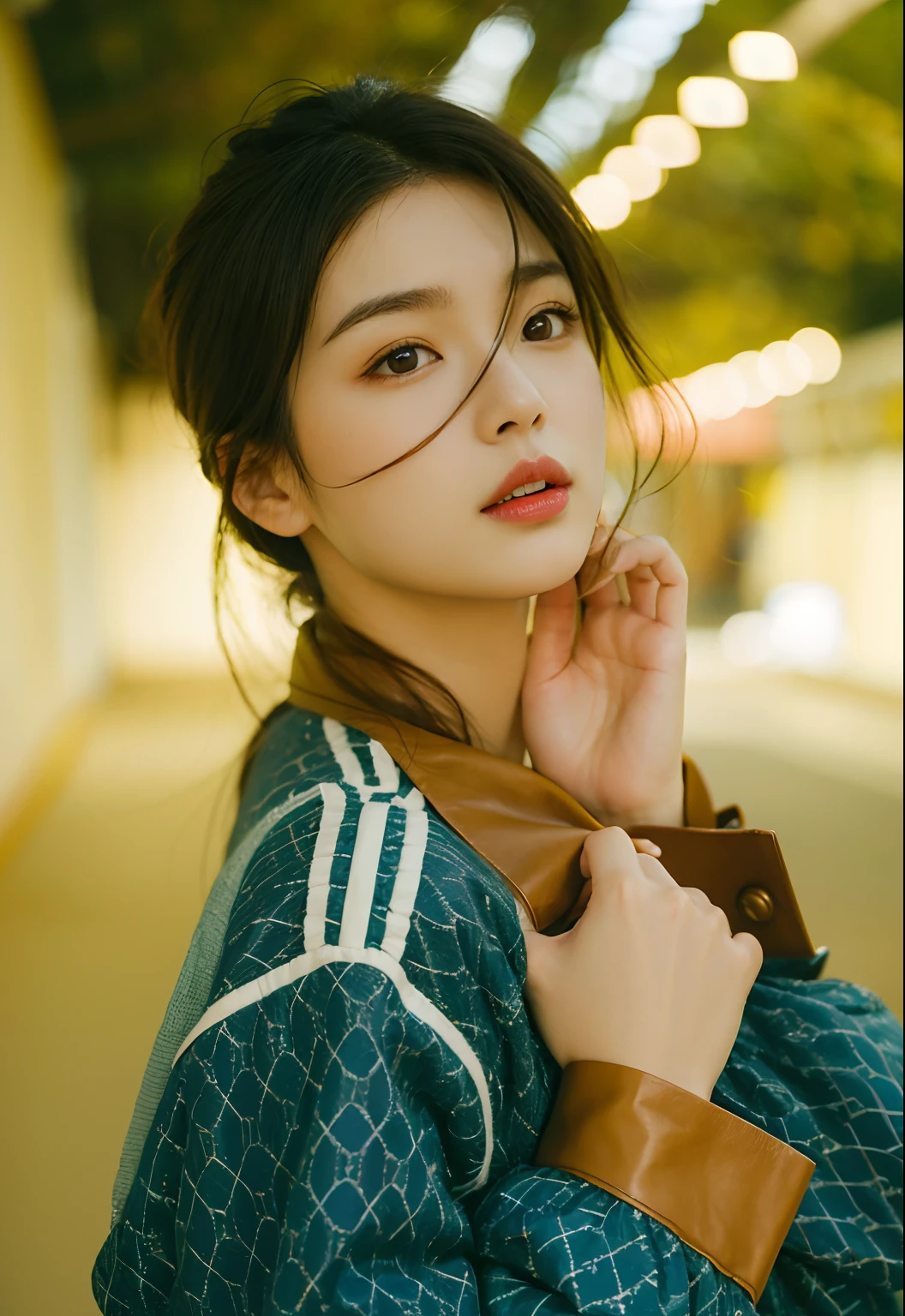There was a woman in a brown jacket and a blue shirt, Soft portrait shot 8 K, bae suzy, Choi Hyun-hwa, close-up portrait film still, iu lee ji-eun as a super villain, close - up portrait shot, chiho, mid shot portrait, a close up portrait photo, lofi portrait, portrait soft low light，sideface，good eyes，Good nose，