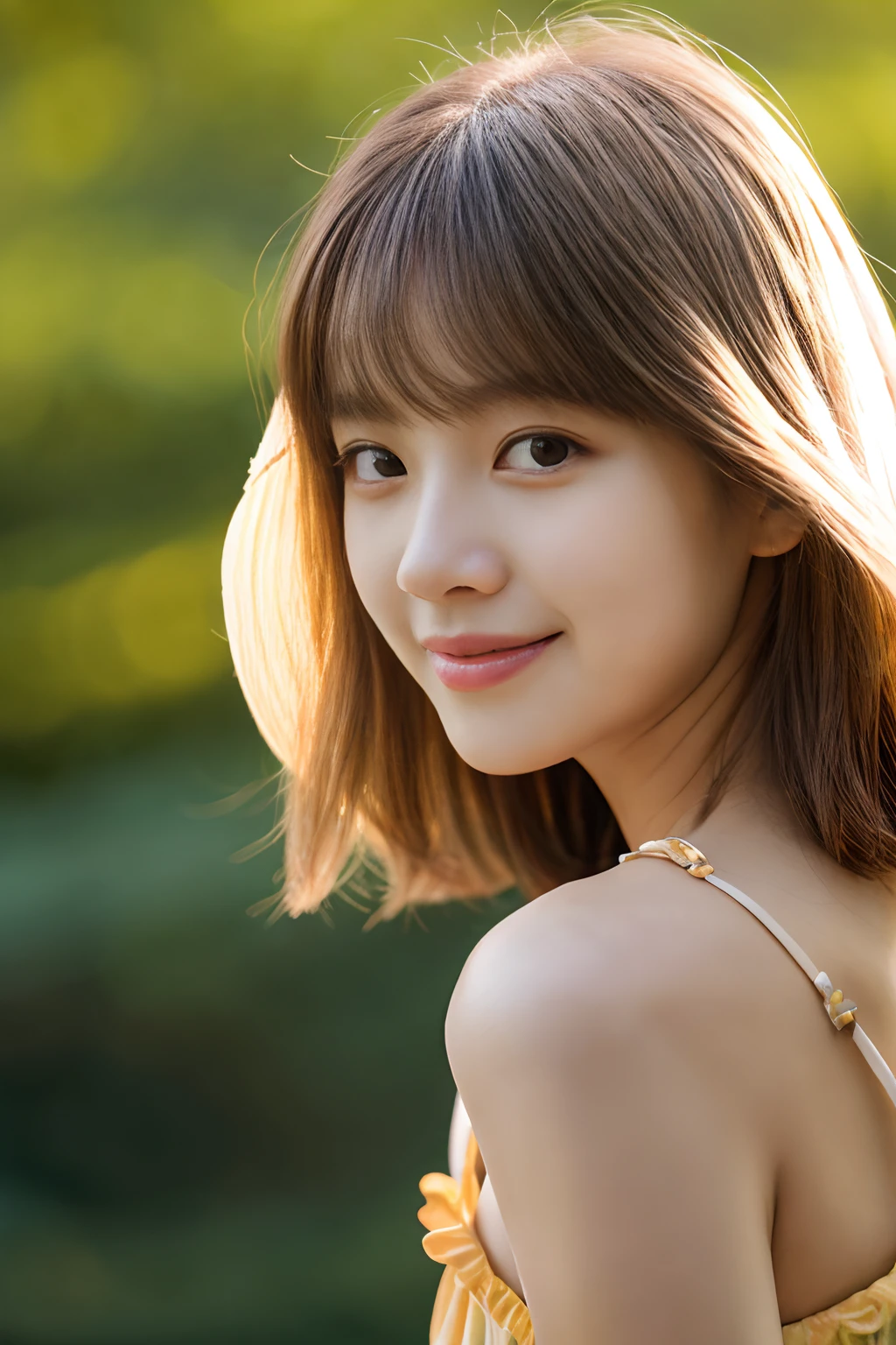 masterpiece、4K、top-quality、beautiful Korean women、detail portrayal、1 girl in、23years old、(sundress:1.1)、bob cuts、naturey、depth of fields、cowboy shot、(Angle from below:1.2)、ssmile