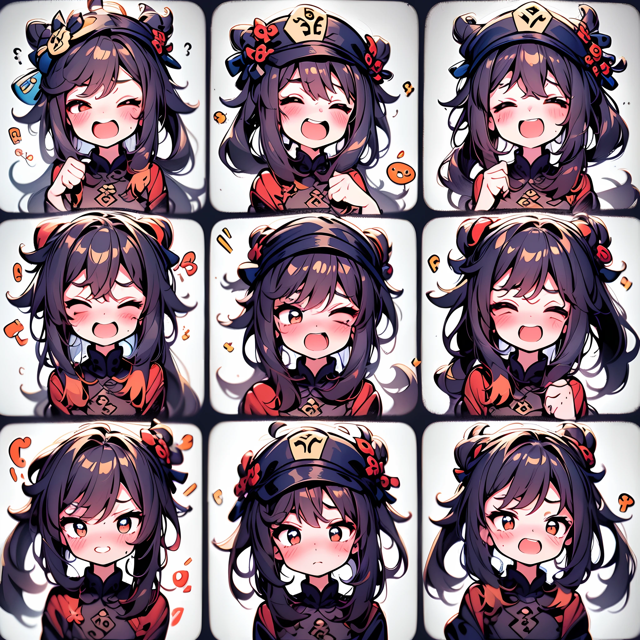 1girll, (HuTao_Genshin，Hats)，9 grids，3*3 grids，9 emoji packs，9 poses and expressions，Disney  style，Black strokes，Different emotions，8K