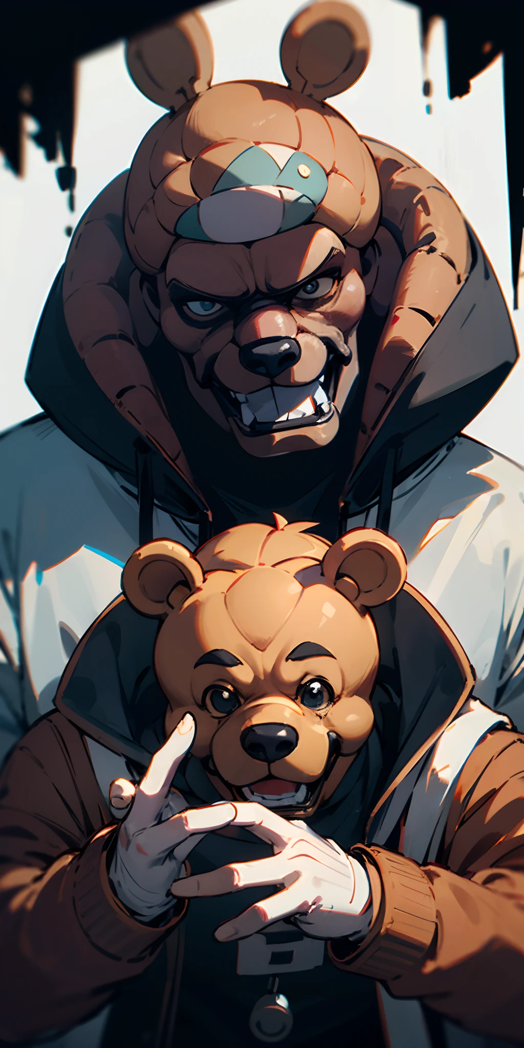 Super muscular boar beastman,Wear a uniform,Blindfold,A desperate and painful look,Mouth wide open with tongue sticking out,Getting cumshot in the face by some guys,(Surrounded by huge, red and black erect penises),(A large amount of semen all over the face)
