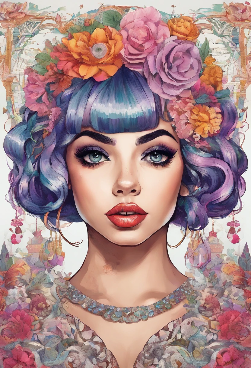A detailed and captivating drawing of Melanie Martinez in a unique art style, bringing out her distinct features and personality. The artwork should showcase her beautiful detailed eyes, stunningly detailed lips, and an extremely detailed portrayal of her face. The focus should also be on her long eyelashes, which are a defining feature. The art medium can be a mix of digital illustration and vivid 3D rendering, highlighting the intricate details and making it visually striking. The artwork should have an ultra-detailed and realistic quality with high-resolution (best quality, 4K, 8K, highres, masterpiece:1.2). The lighting should be carefully rendered, with studio lighting effects creating depth and realism. The color palette should be vibrant and bold, with a mix of cool and warm tones to enhance the overall aesthetic. The composition should allow for a visually stunning portrayal of Melanie Martinez, incorporating elements of her unique style, such as her fashion choices, hair, and accessories.
