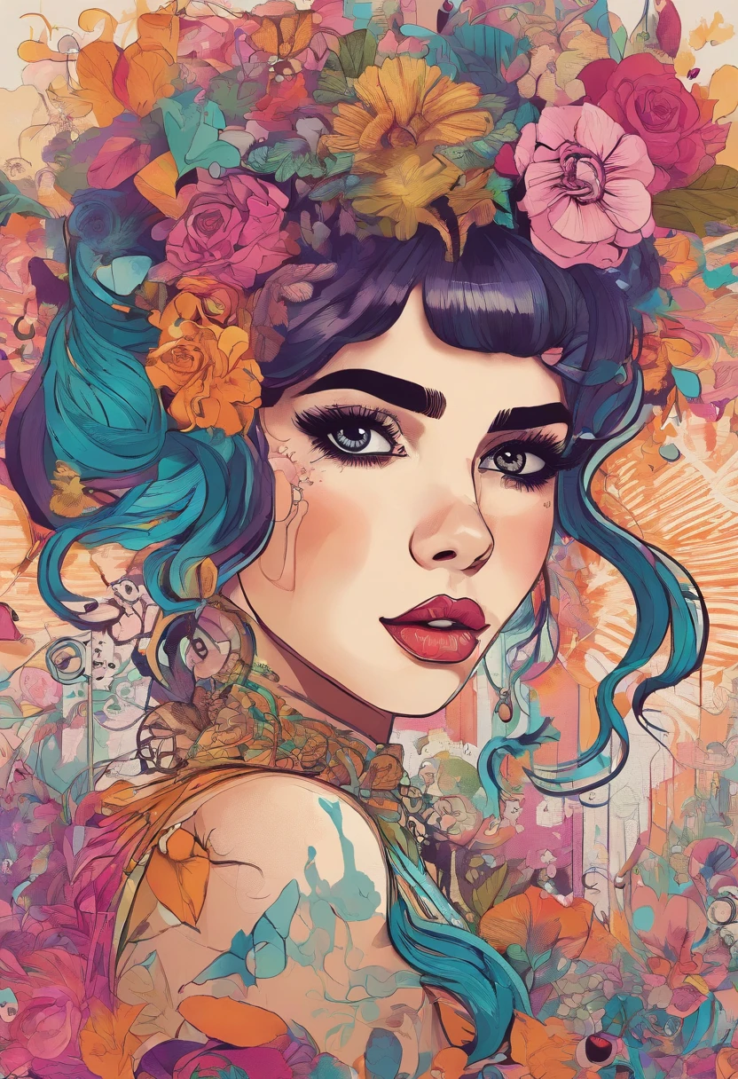 A detailed and captivating drawing of Melanie Martinez in a unique art style, bringing out her distinct features and personality. The artwork should showcase her beautiful detailed eyes, stunningly detailed lips, and an extremely detailed portrayal of her face. The focus should also be on her long eyelashes, which are a defining feature. The art medium can be a mix of digital illustration and vivid 3D rendering, highlighting the intricate details and making it visually striking. The artwork should have an ultra-detailed and realistic quality with high-resolution (best quality, 4K, 8K, highres, masterpiece:1.2). The lighting should be carefully rendered, with studio lighting effects creating depth and realism. The color palette should be vibrant and bold, with a mix of cool and warm tones to enhance the overall aesthetic. The composition should allow for a visually stunning portrayal of Melanie Martinez, incorporating elements of her unique style, such as her fashion choices, hair, and accessories.