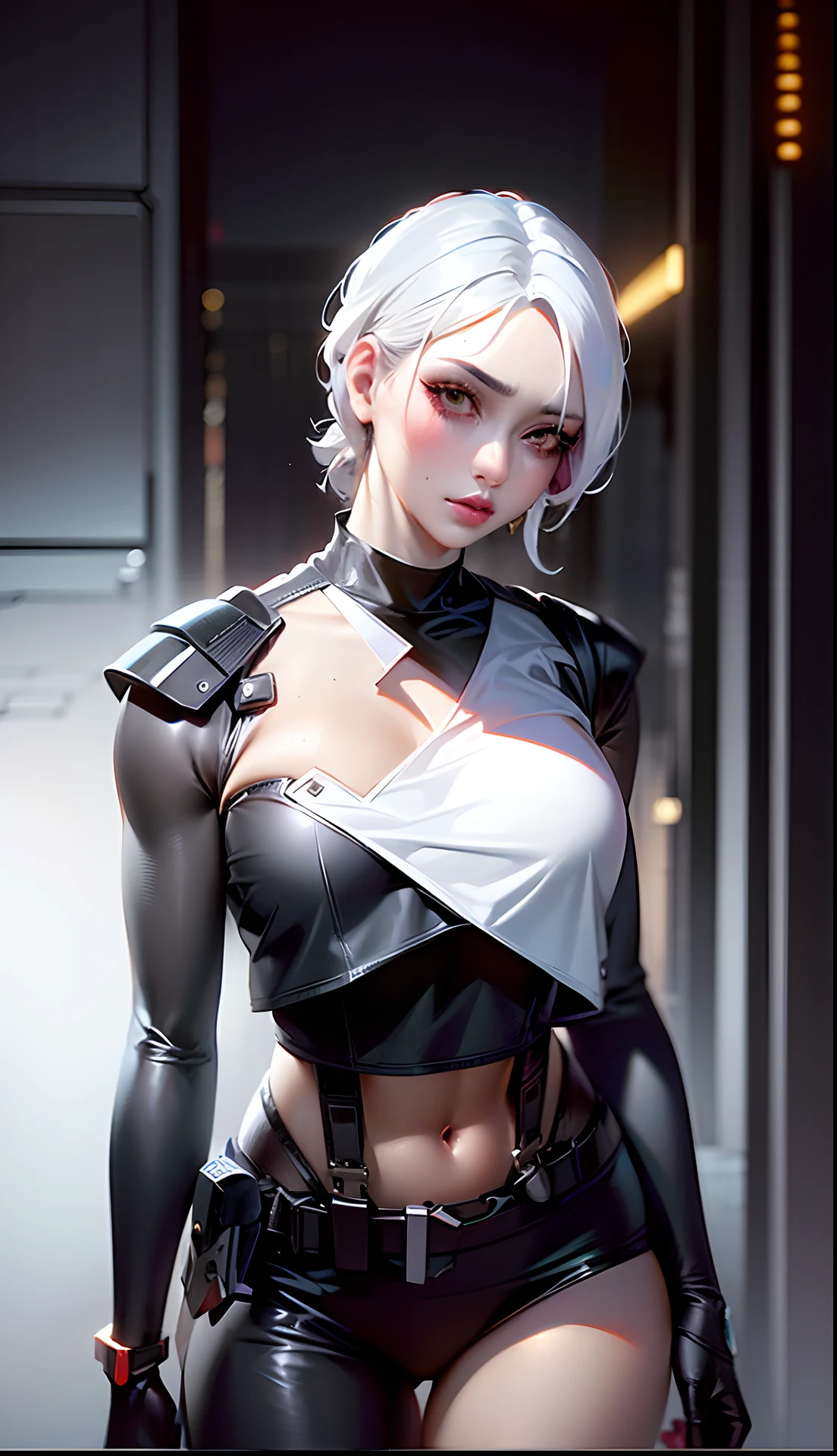 A woman with white hair and a black top and a white vest is posing, seios grandes, ****** com cabelo prateado, Tifa Lockhart com cabelos brancos, valorant character, arte detalhada do personagem de anime, personagem de anime feminino, cyberpunk ****** anime mech, Guweiz, Estilo Ross Tran, arte de personagem impressionante, Rossdraw 1. 0, ( ( arte conceitual do personagem ) ), personagem de anime