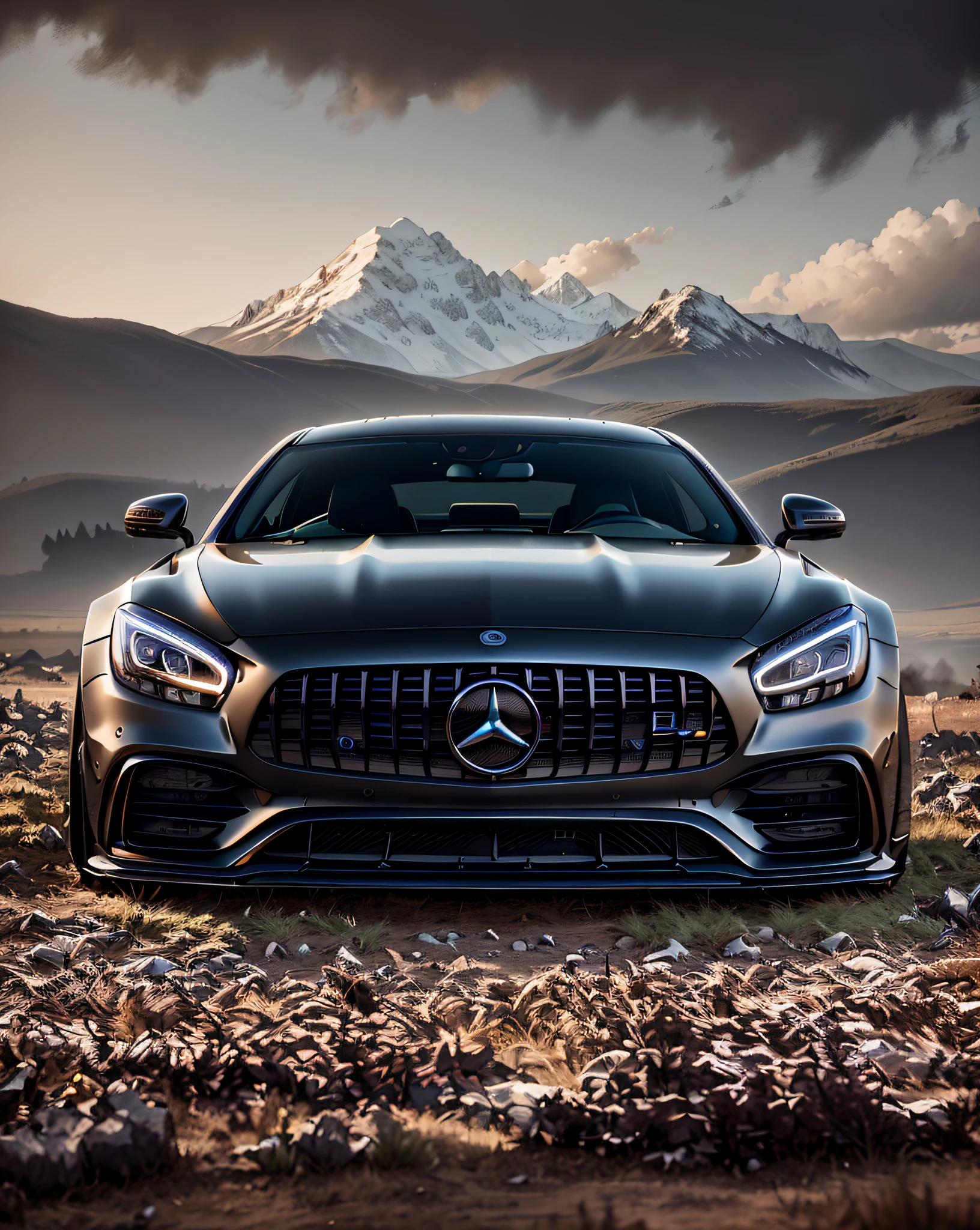 A black Mercedes AMG coupe is parked in a field with mountains as a backdrop, Mercedes Benz, Black car, mercedez benz, black on black, ✨🕌🌙, Wide body, Dark vibes, 8 k highly detailed ❤🔥 🔥 💀 🤖 🚀, cinematic front shot, matte black, front profile shot, 🔥 😎 🕹️ 👀 :2, badass composition