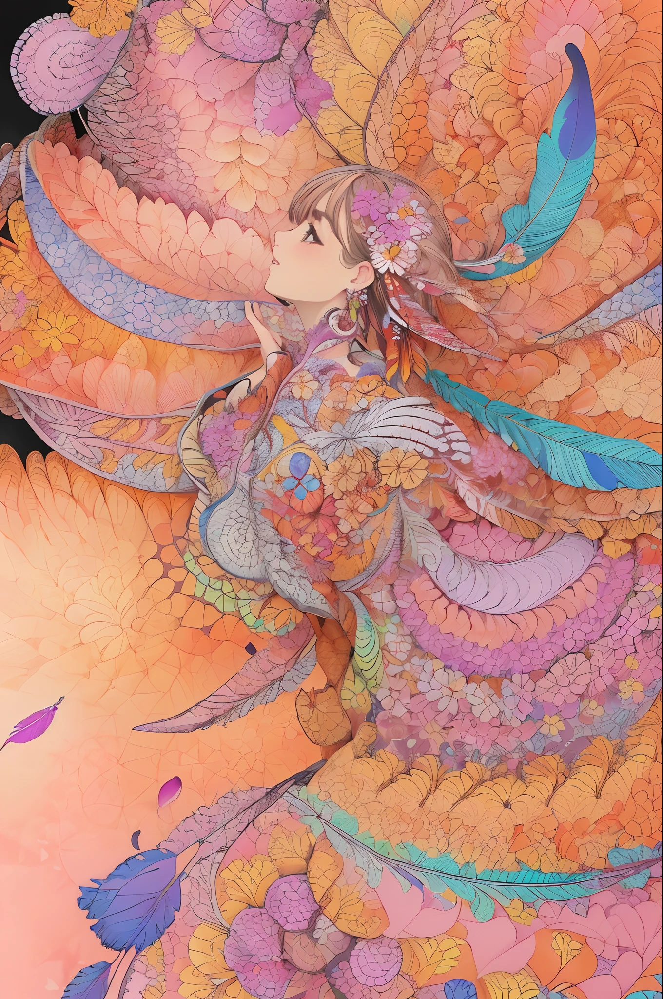 (1girl, solo, from side), extremely detailed, (abstract background, zentangle, fractal art:1.3), (many colors, colorful:1.1), (feathers, petals, flowers:1.3), dynamic pose, earrings