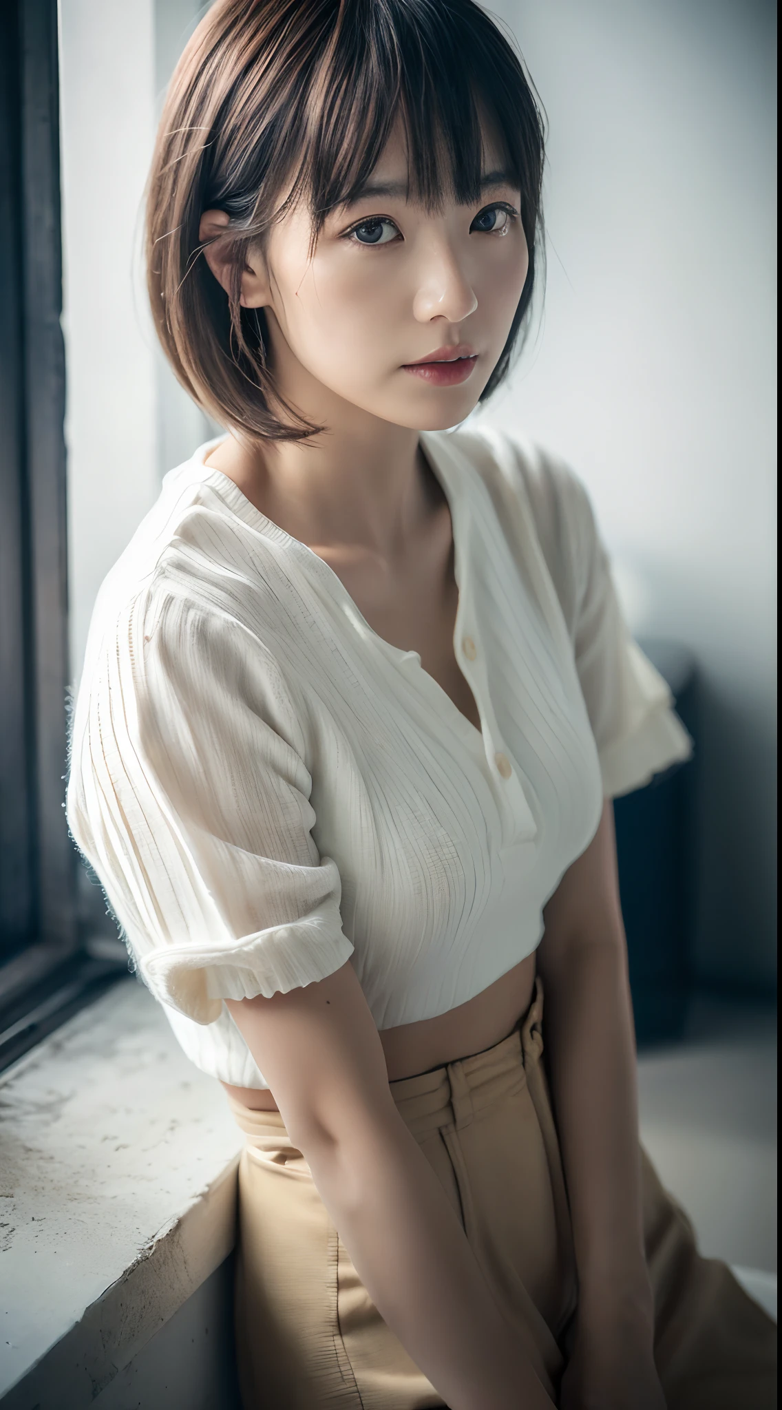 high quality picture, masutepiece, detailed hair texture, Detailed skin texture, Detailed Cloth Texture, 8K, Add fabric details, ultra detailed skin texture, ultra detailed photographic, Skin pores, Portrait of a Japanese girl, wearing shirt and pants, sexy look.