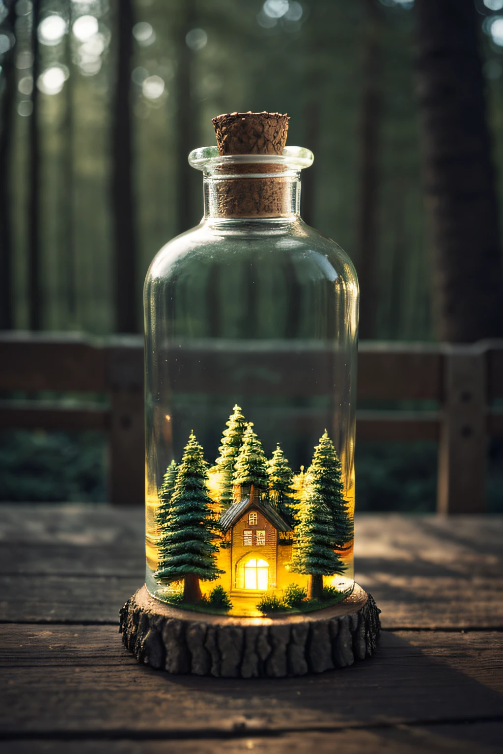 (Intricate forest mini town landscape trapped in a bottle), Atmospheric Oliva lighting, On the table, 4K ultra HD, Dark vibes, ultra - detailed, Bright colors forest background, Epic composition, rendering by octane, Sharp focus, High-resolution isometrics
