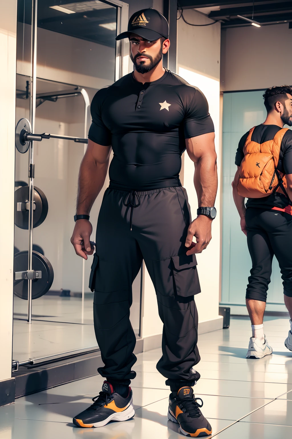 character sheet, pakistani male, brown curly hair, boots, bootcut pants standing, beard, slim build, baseball cap, gym shorts, shorts, socks, white socks, soccer shirt,