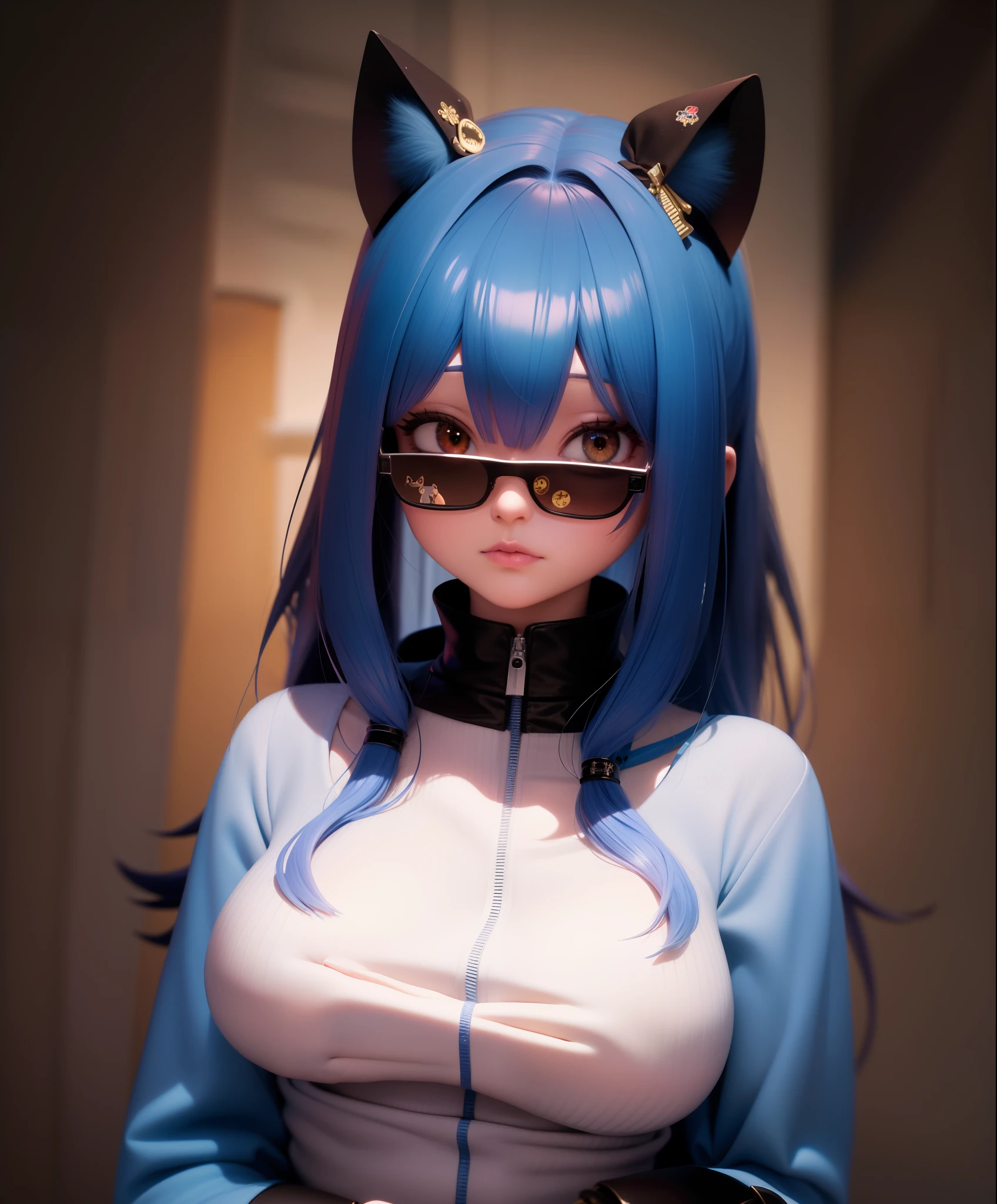 Masterpiece, photography award-winning image, blue hair, vibrant blue eyes, photorealistic rendering, high resolution, 16K UHD, soft lit scene, naked, big tits, hands on tits, hands on top of tits, hands holding tits, cute face, no pussy, focused on upper body, solo pose, hips up, lust expression, inside bedroom, sitting, bright lighting, tongue fully out, wearing sunglasses, cat ears, cat paw gloves on hands