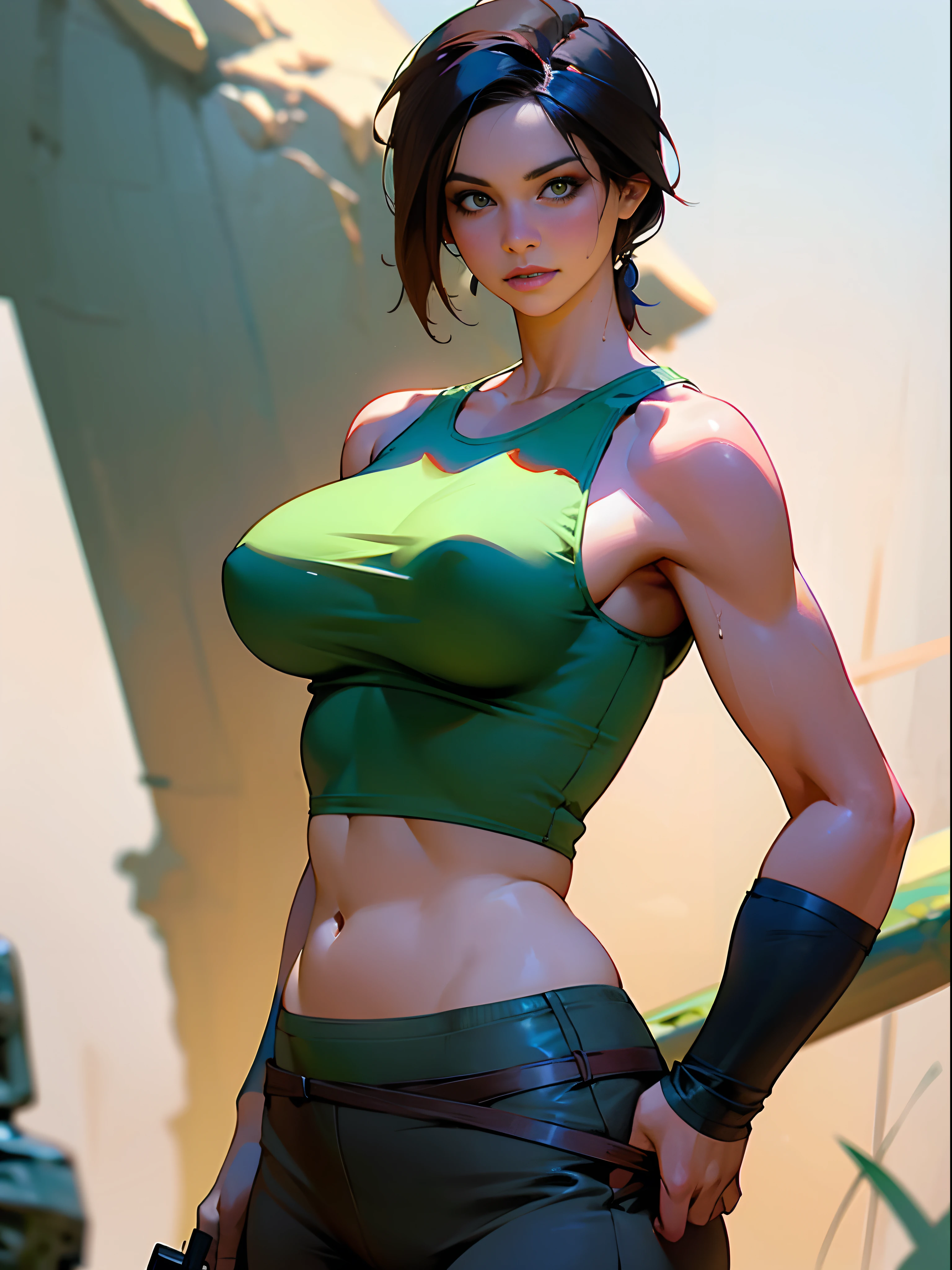 Masterpice, Lara Croft Tomb Raider, blue tank top, torn, sexy, big breast, big butts, sexy look, beautiful face, Deusa da sensualidade, Corpo perfeito, Seios empinados e perfeitos, Beleza angelical, Corpo com curvas, pose sensual, Corpo inteiro, Scenery and an Enchanted Forest, Hiper realista, Cores Fortes e vibrantes, 1girl, solo, one girl