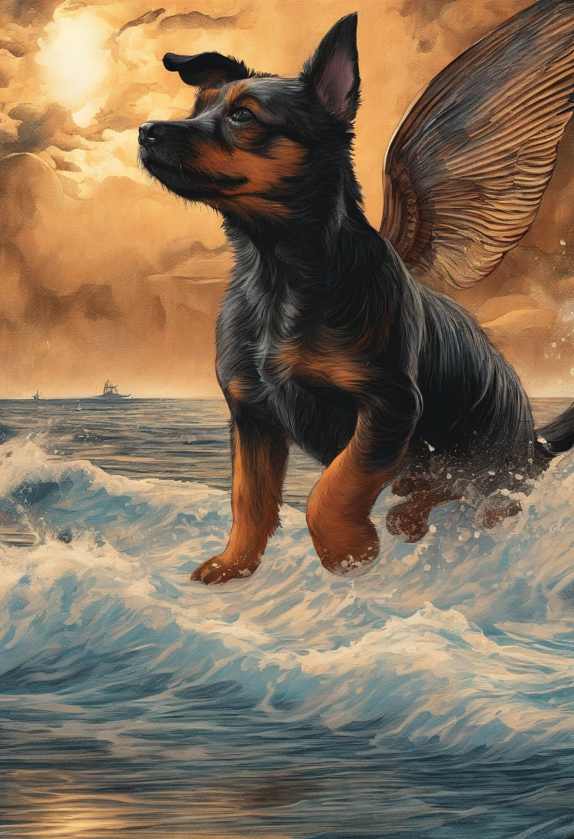Very detailed background, Masterpiece, With the best quality, A black-backed red dog of the Norwich Terrier breed runs along the seashore, Bright sunshine, The spray of the waves shimmers in the light, Two dolphins can be seen from the water