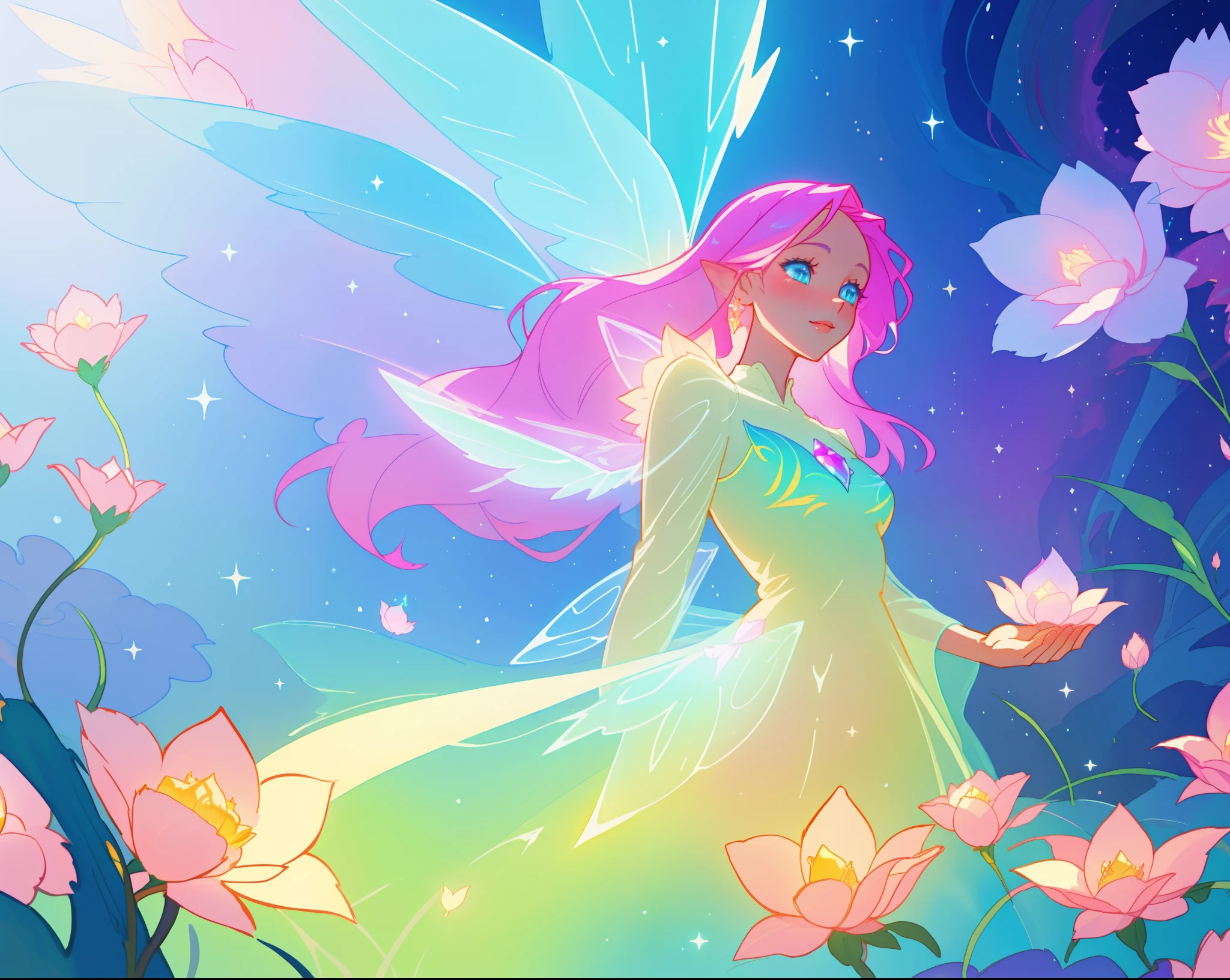 beautiful girl in flowing liquid dress, fairy dress, fairy queen, magical otherworldly landscape, (glowing fairy wings), glowing flowing ballgown, long hair, sparkling fairy wings, watercolor illustration, flowers and colorful plants, inspired by Glen Keane, inspired by Lois van Baarle, disney art style, by Lois van Baarle, glowing aura around her, by Glen Keane, jen bartel, glowing lights! digital painting, flowing glowing hair, glowing flowing hair, beautiful digital illustration, fantasia otherworldly landscape plants flowers, beautiful, masterpiece, best quality, anime disney style