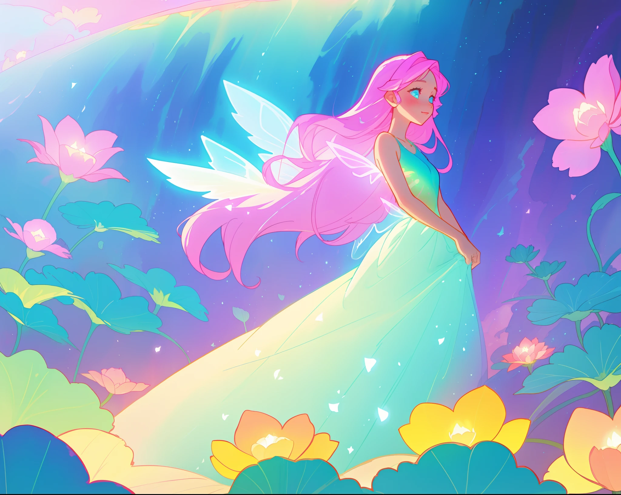 beautiful girl in flowing liquid dress, fairy dress, fairy queen, magical otherworldly landscape, (glowing fairy wings), glowing flowing ballgown, long hair, sparkling fairy wings, watercolor illustration, flowers and colorful plants, inspired by Glen Keane, inspired by Lois van Baarle, disney art style, by Lois van Baarle, glowing aura around her, by Glen Keane, jen bartel, glowing lights! digital painting, flowing glowing hair, glowing flowing hair, beautiful digital illustration, fantasia otherworldly landscape plants flowers, beautiful, masterpiece, best quality, anime disney style