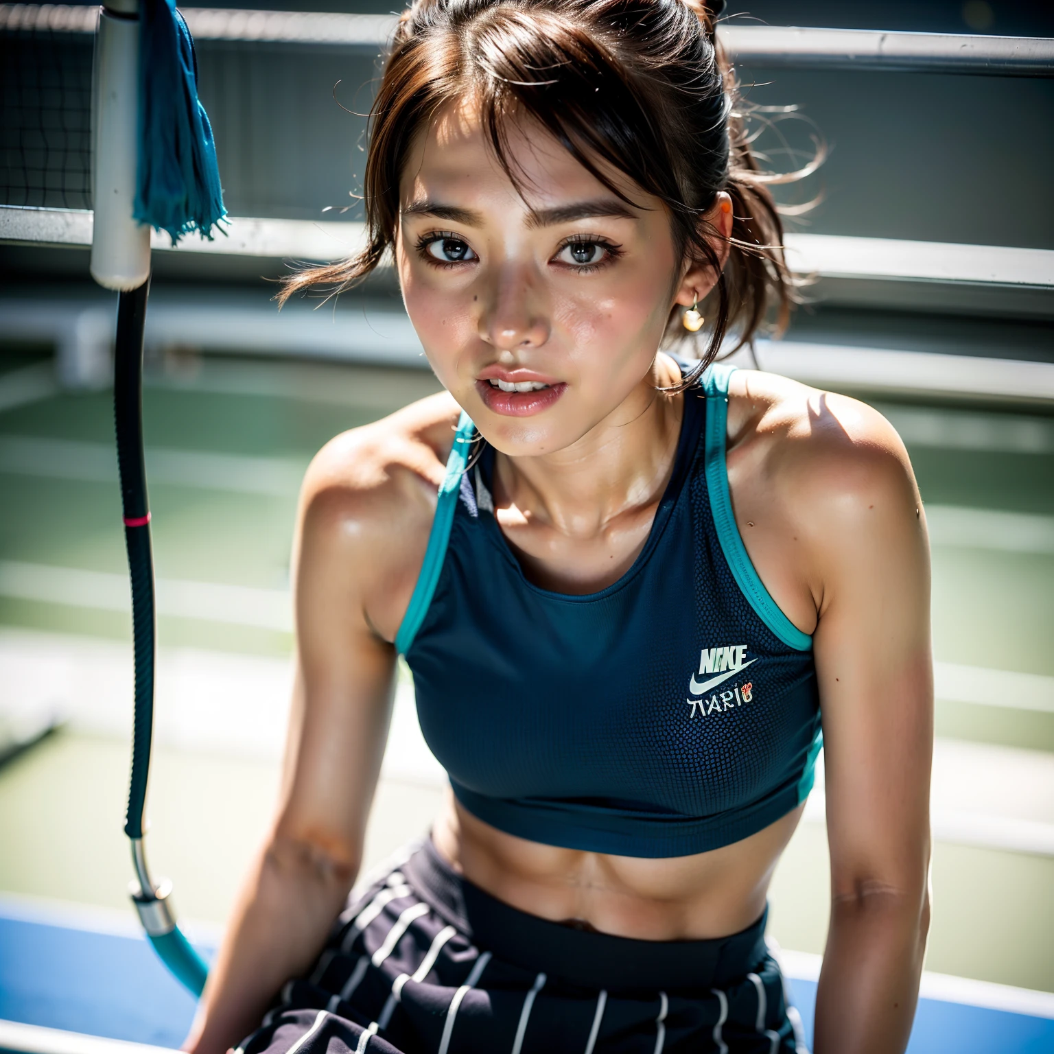 (2girls:1.2), (a detailed full-body RAW photo of a girl), (masutepiece:1.0), (Best Quality:1.4), (超A high resolution:1.2), (Photorealistic:1.4), 8K resolution, Canon EOS R5, 50 millimeters, absurderes, ultra-detailliert, (18 year old), Sharp Focus, Cinematic lighting, Detailed beautiful face, (no-makeup:1.2), (ulzzang -6500-v1.1), petite figure, Detailed skin texture, flat chest, (skinny and fit body:1.6), Detailed brown hair, sweltering,(Very short hair:1.5), (Very thin fit blue and white Nike short badminton uniform:1.5), (tight miniskirt:1.3), (Tube Top:1.3), (See-through:1.2), realistic glistening skin, (Sweating:1.3), Detailed texture, (Japan National Team Players:1.5), (flat chest:1.5), (no bra:1.2), (Erect :1.3), (Tilt upper body forward and turn around and show hip:1.5), (from behind), (Cameltoe:1.3)(up skirt:1.5), (sun burn:1.5), (up skirt), (sports gym), (smile with teeth:1.5), ((bend upper body forward)), ((look back)), ((show hip)), from bellow, (leaning flont:1.5)