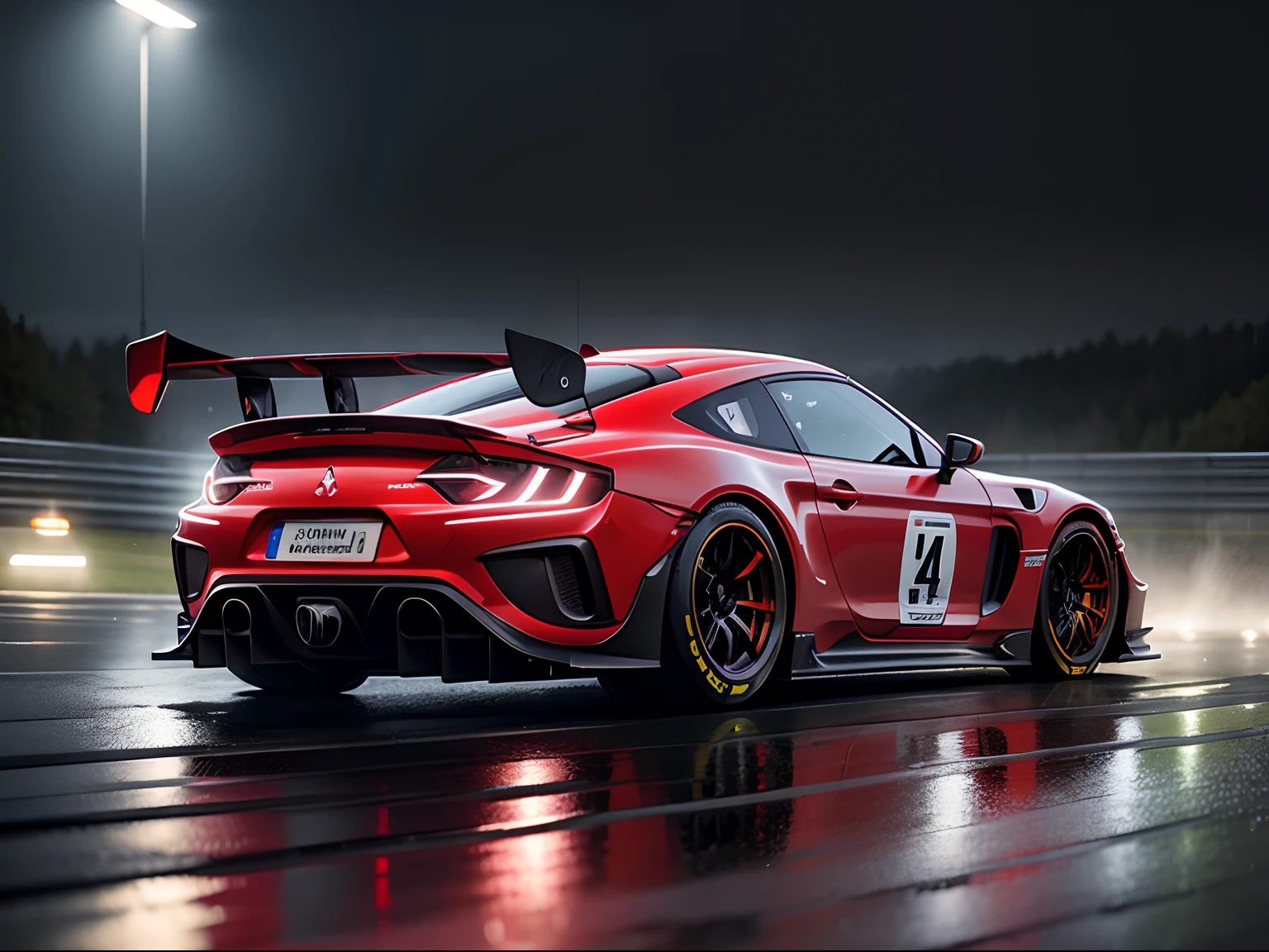 Red Mitsubishi Emeraude GT3 Spa-Francorchamps in the rain at night Realistic Rain A car running with lights on