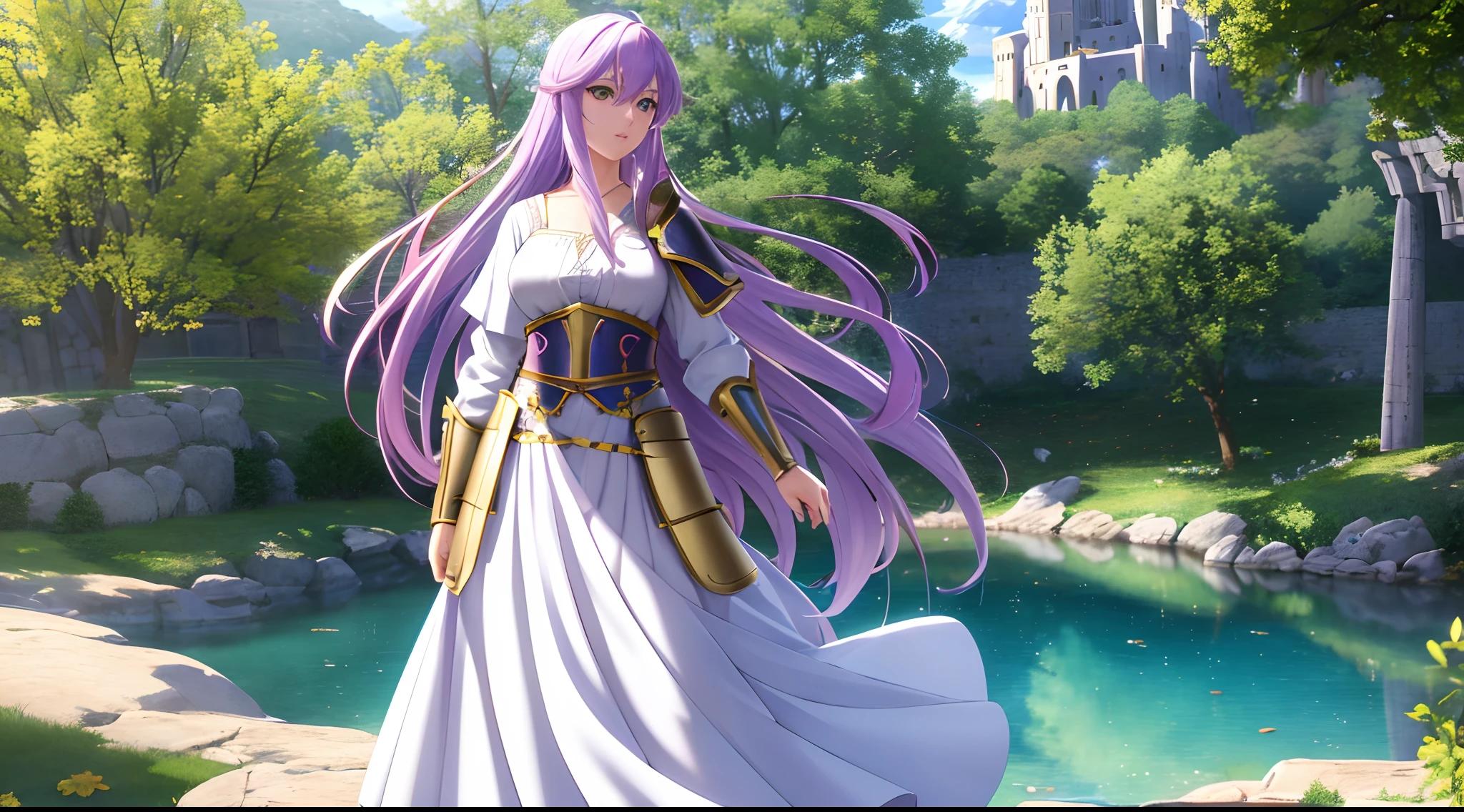Athena with plain long light purple hair,hair between eyes,green eyes,rosy cheeks,full lips,thin eyebrows,slender body,wearing knight armor and full long skirt,cute anime girl,full body,medieval castle in background,anime style,Lumen Reflections,Screen Space Reflections,Diffraction Grading,Chromatic Aberration,GB Displacement,Scan Lines,Ray Traced,Anti-Aliasing,FXAA,TXAA,RTX,SSAO,Shaders,OpenGL-Shaders, GLSL-Shaders,Post Processing,Post-Production,cell Shading,Tone Mapping,CGI,VFX,SFX,insanely detailed and intricate, 4K,standing, solo, masterpiece, best quality, detailed face, detailed eyes, highres, standing, solo,masterpiece, best quality