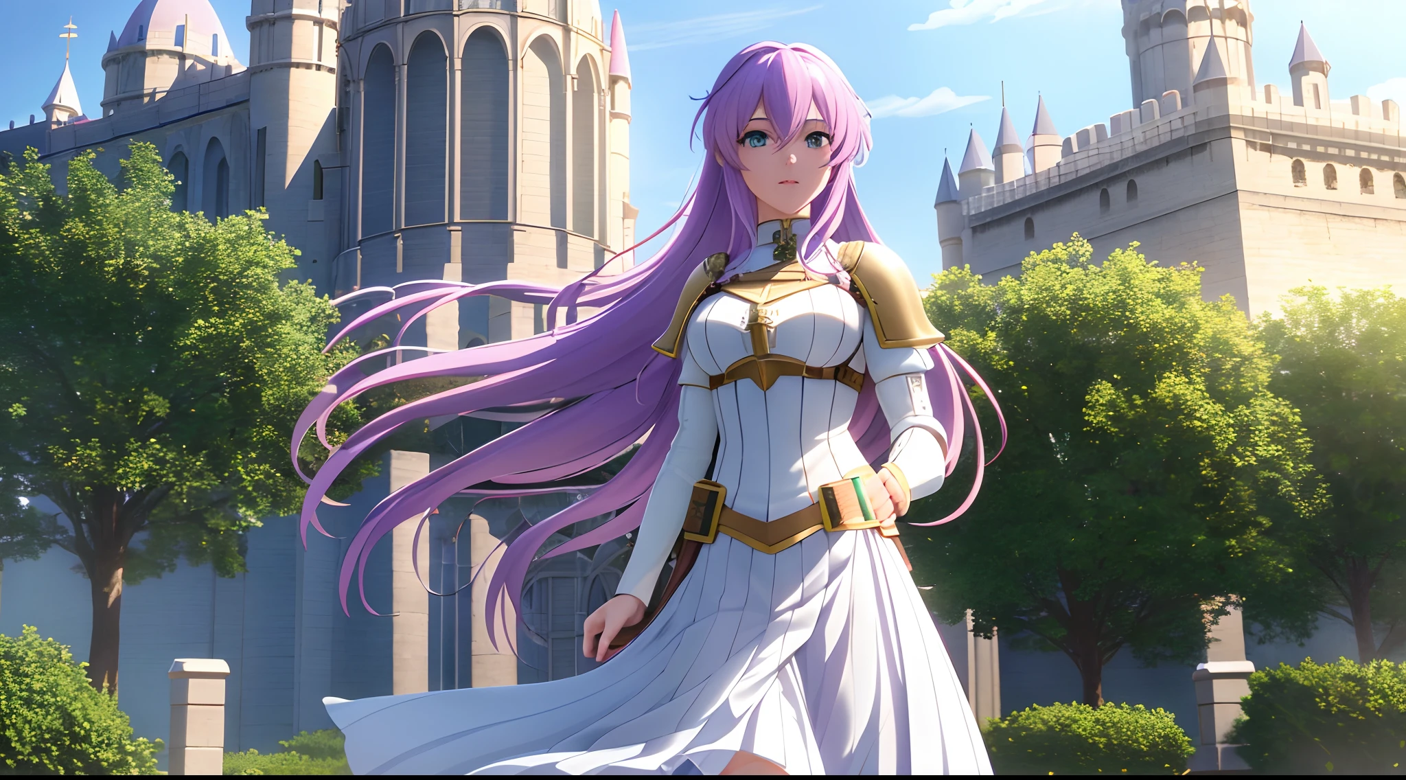 Athena with plain long light purple hair,hair between eyes,green eyes,rosy cheeks,full lips,thin eyebrows,slender body,wearing knight armor and full long skirt,cute anime girl,full body,medieval castle in background,anime style,Lumen Reflections,Screen Space Reflections,Diffraction Grading,Chromatic Aberration,GB Displacement,Scan Lines,Ray Traced,Anti-Aliasing,FXAA,TXAA,RTX,SSAO,Shaders,OpenGL-Shaders, GLSL-Shaders,Post Processing,Post-Production,cell Shading,Tone Mapping,CGI,VFX,SFX,insanely detailed and intricate, 4K,standing, solo, masterpiece, best quality, detailed face, detailed eyes, highres, standing, solo,masterpiece, best quality