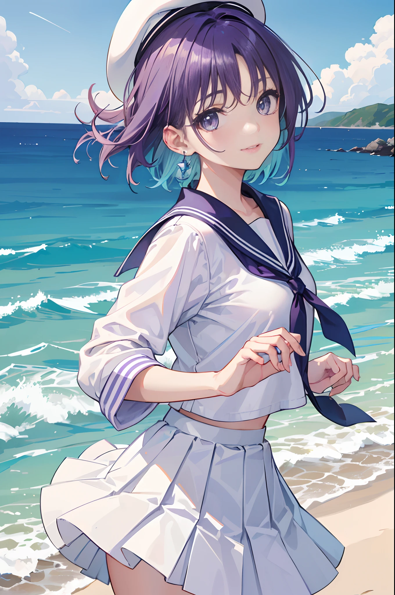 <Quality Improvement Prompts>
((1girl)),sexy body,(((Perfect hands,Perfect Anatomy))),(masterpiece:1.1), (best quality:1.1), ((Beautiful detailed eyes: 1.6)),smaller eyes,((Very detailed face,perfect face)),(glorious skin),NSFW,
<Character appearance、Background and other prompts>
(((toru asakura, blue hair, earrings, gradient hair, multicolored hair, parted bangs, purple hair,short hair,shiny hair,))),
BREAK
(white theme:1.3), (fusion of white sundress and white school uniform:1.4), ((white pleated-skirt, white skirt):1.5), (white beret with light-blue ribbon:1.4), (white shirt with blue sailor collar:1.4), (short sleeve:1.2), (light-blue ribbon:1.3), (blue line on white skirt:1.2), ((white socks, loafers):1.2),
<put out the tongue>
oft light,rim light,sidelights,
BREAK
(sunbeam, sunshine, wind, beach, seashore),
BREAK
looking at viewer,ssmile