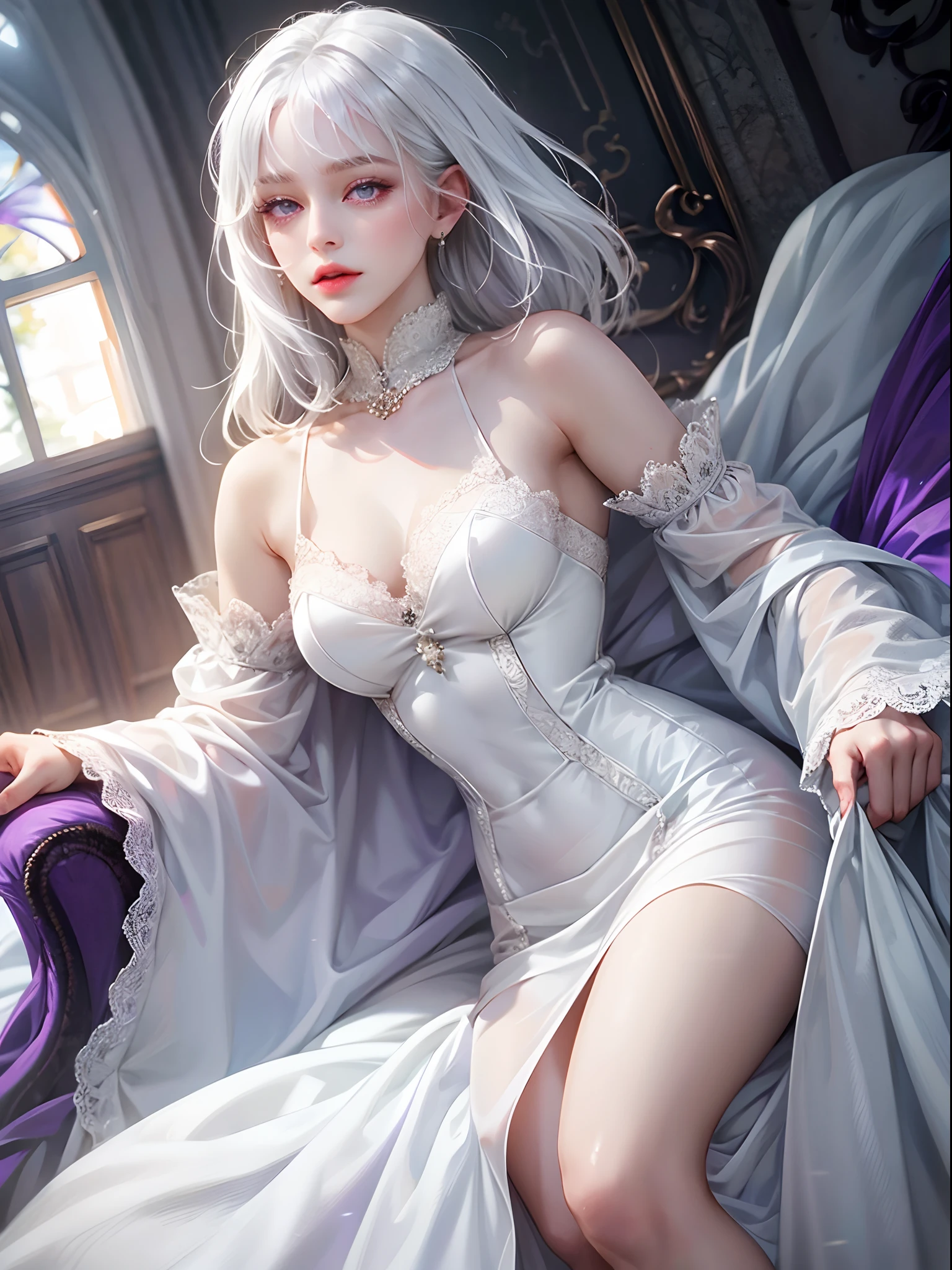 a women, white hair, purple eyes, white dress