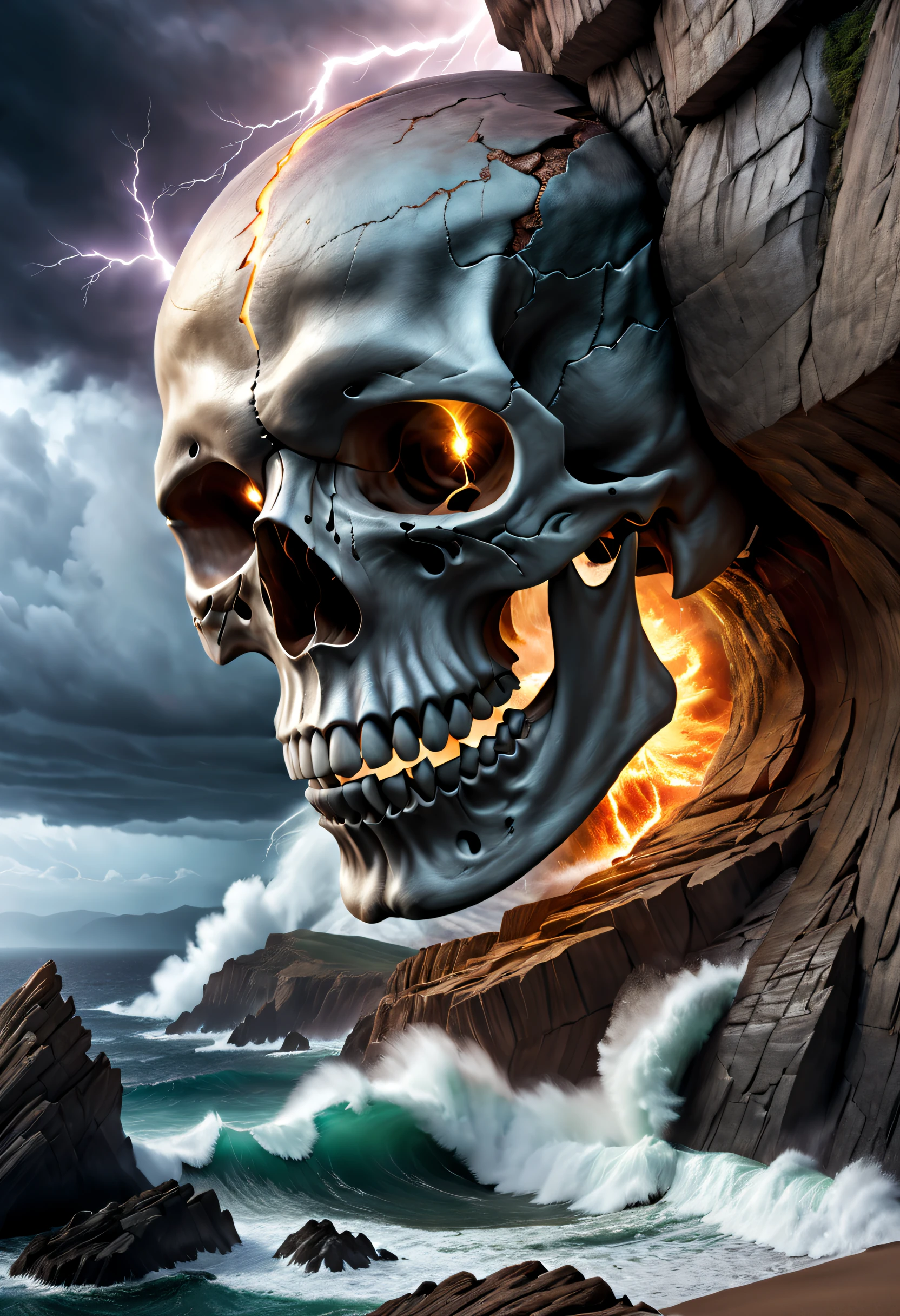 A stormy cliff with lightning and turbulent waves crushing against the rocks, a gigantic skull is embedded on the top of the cliff, creating a striking contrast with the harsh weather. Within the hollow eye sockets of the skull, vibrant firelight flickers, illuminating the oceanic landscape amidst the raging winds. (best quality,4k,8k,highres,masterpiece:1.2),ultra-detailed,(realistic,photorealistic,photo-realistic:1.37),HDR,UHD,studio lighting,extreme detail description,vivid colors,portraits