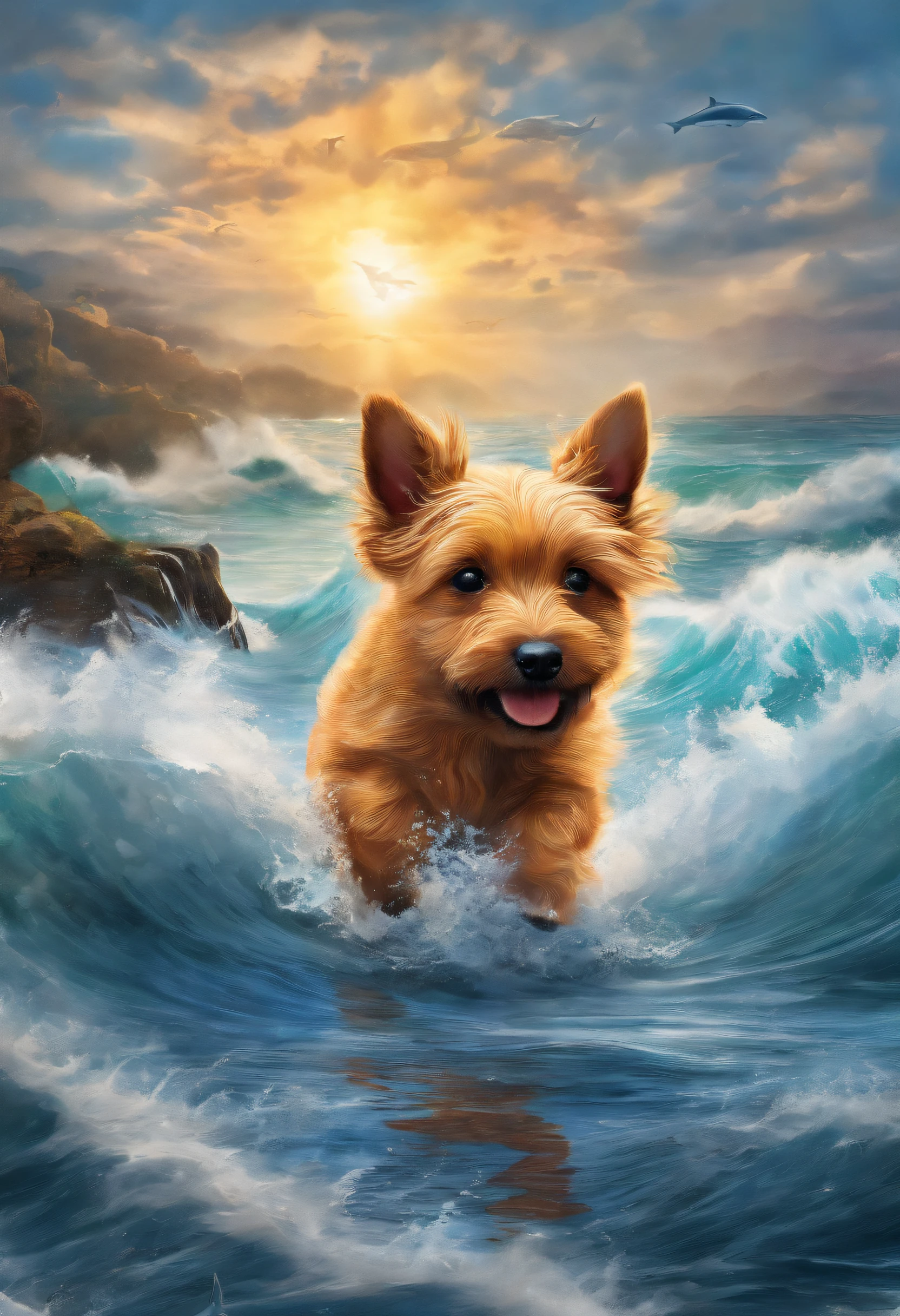 Very detailed background, Masterpiece, With the best quality, A black-backed red dog of the Norwich Terrier breed runs along the seashore, Bright sunshine, The spray of the waves shimmers in the light, Two dolphins can be seen from the water