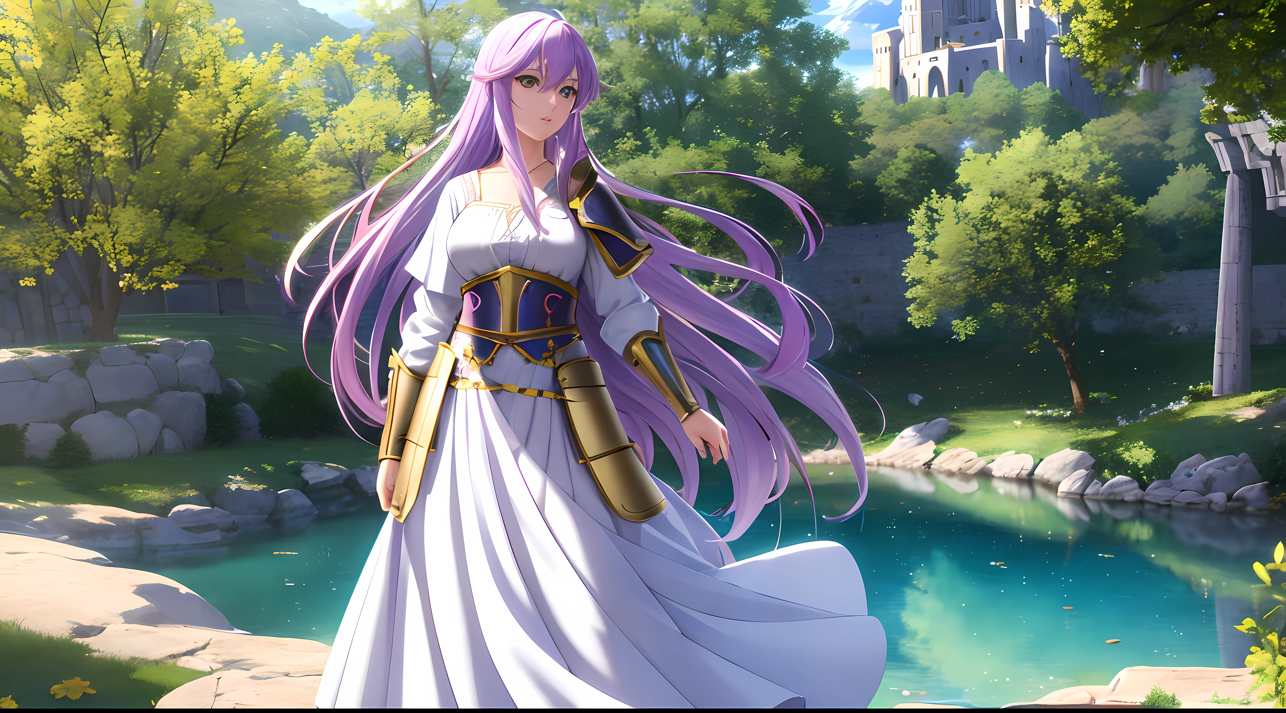 Athena with plain long light purple hair,hair between eyes,green eyes,rosy cheeks,full lips,thin eyebrows,slender body,wearing knight armor and full long skirt,cute anime girl,full body,medieval castle in background,anime style,Lumen Reflections,Screen Space Reflections,Diffraction Grading,Chromatic Aberration,GB Displacement,Scan Lines,Ray Traced,Anti-Aliasing,FXAA,TXAA,RTX,SSAO,Shaders,OpenGL-Shaders, GLSL-Shaders,Post Processing,Post-Production,cell Shading,Tone Mapping,CGI,VFX,SFX,insanely detailed and intricate, 4K,standing, solo, masterpiece, best quality, detailed face, detailed eyes, highres, standing, solo,masterpiece, best quality