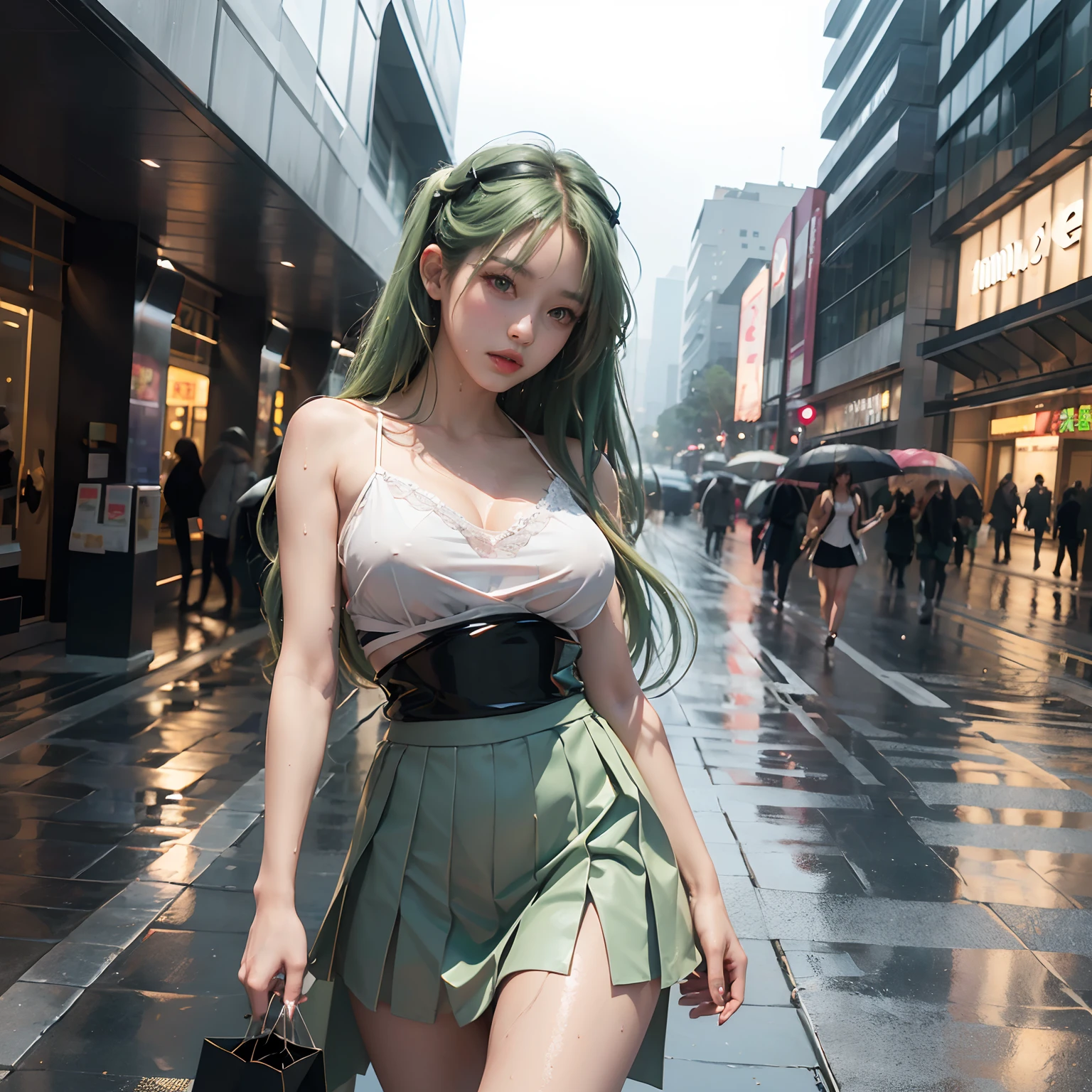 (bare breasts:0.2)best quality, ultra high res, (photorealistic:1.4), (green long hair:1.3), (azur lane\), 1girl, (Kpop idol), slender body, looking at viewer, cute,banyak face, detailed face, contrapposto, smooth skin, perfect anatomy, white camisole, big breast cup g, latex,pure black pleated skirt, cityscape, night, rain, wet, professional lighting, shopping mall entrance, outdoor, no teeth