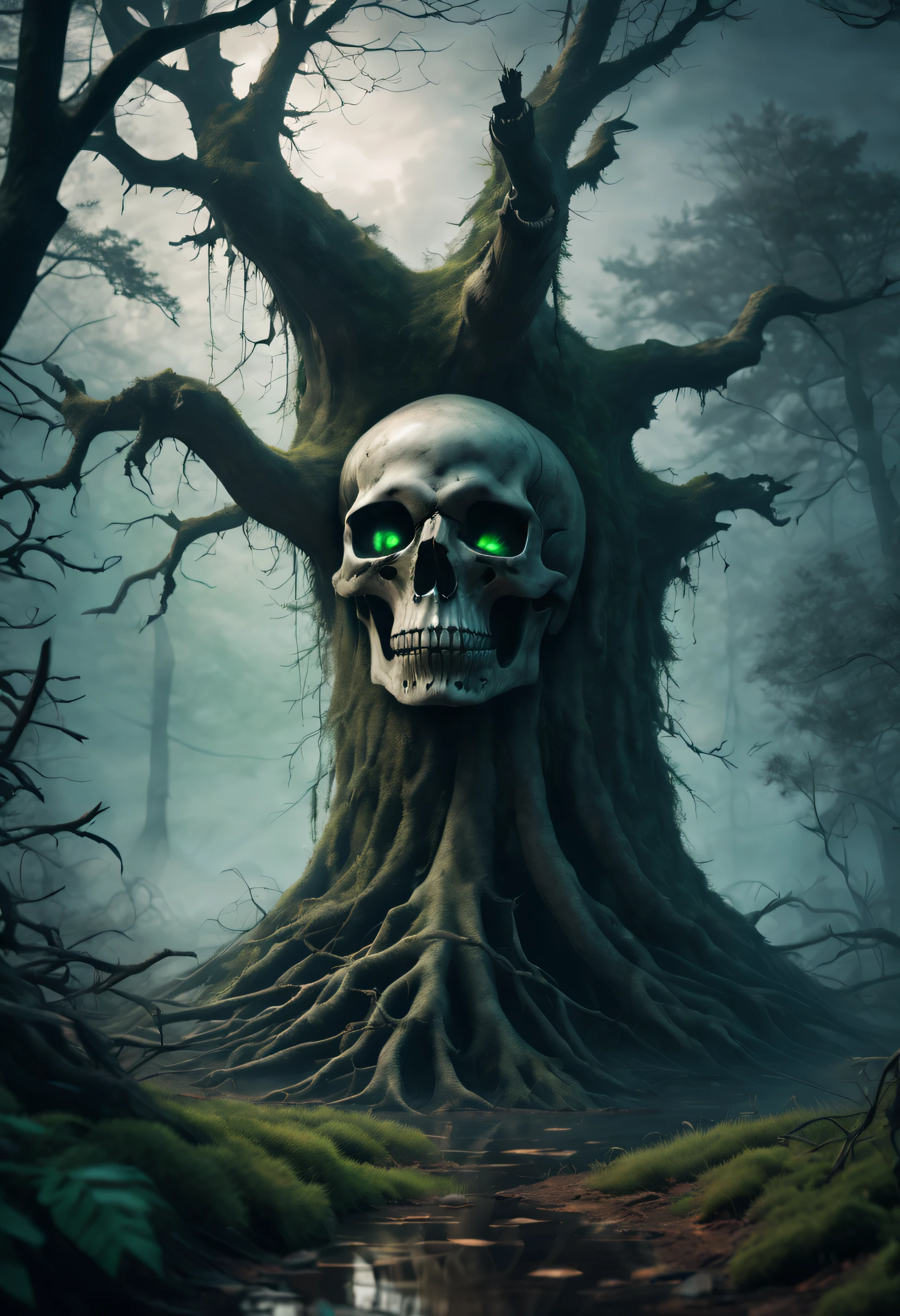 In a misty forest, a towering death tree stretches its branches, surrounded by withered and dull grass. Above the death tree hangs a gigantic skull, from which thin green mist flows out of its decaying eye sockets, filling the entire forest with a chilling atmosphere.
(best quality,4k,8k,highres,masterpiece:1.2),ultra-detailed,(realistic,photorealistic,photo-realistic:1.37),mysterious,foggy,haunting,dark atmosphere,ominous,magical,enchanted,bleak,lifeless,gloomy,solemn,foreboding,misty light,deathly stillness,ancient,spooky forest,creepy,branches reaching out,decay,death,ominous skull,spectral green glow,dense fog,thick mist,cold,lifeless grass,darkness enveloping,silence.