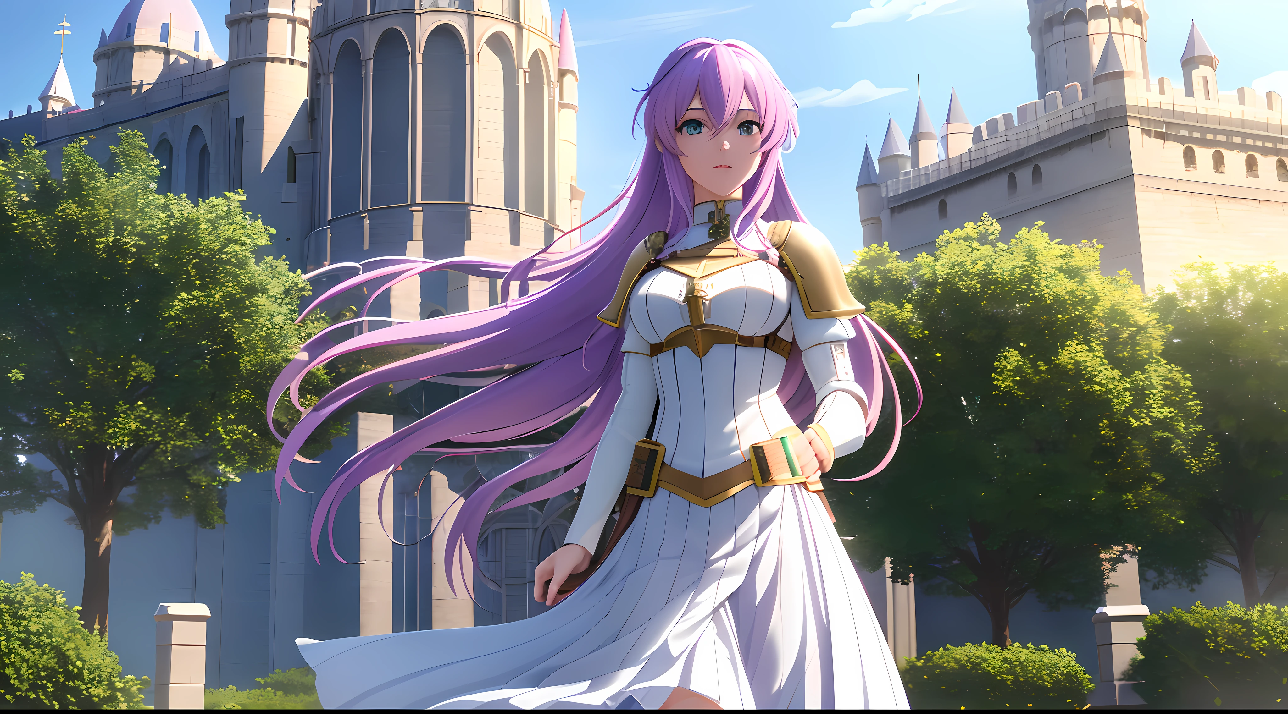 Athena with plain long light purple hair,hair between eyes,green eyes,rosy cheeks,full lips,thin eyebrows,slender body,wearing knight armor and full long skirt,cute anime girl,full body,medieval castle in background,anime style,Lumen Reflections,Screen Space Reflections,Diffraction Grading,Chromatic Aberration,GB Displacement,Scan Lines,Ray Traced,Anti-Aliasing,FXAA,TXAA,RTX,SSAO,Shaders,OpenGL-Shaders, GLSL-Shaders,Post Processing,Post-Production,cell Shading,Tone Mapping,CGI,VFX,SFX,insanely detailed and intricate, 4K,standing, solo, masterpiece, best quality, detailed face, detailed eyes, highres, standing, solo,masterpiece, best quality
