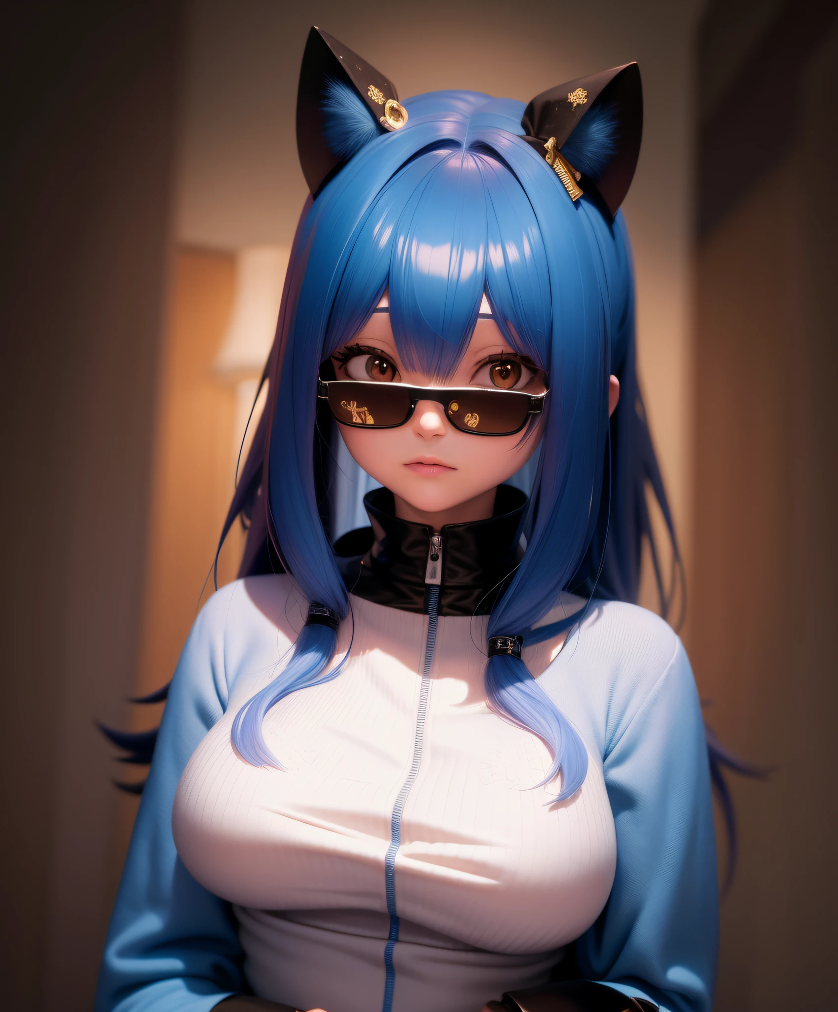 Anime - Mulher estilo com cabelo azul e orelhas de gato usando uma roupa azul, renderizado em sfm, anime estilo 3d, 3 d anime realista, photorealistic anime girl rendering, estilo anime. 8k, Estilo anime 3D realista, gato anime bonito, gato anime, menina gato atraente, render de uma menina anime 3d bonito, anime hiper realista