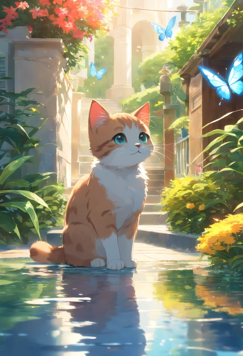 A round-eyed cute kitten, Garden fountain, butterfly, Distant houses, mirror effect