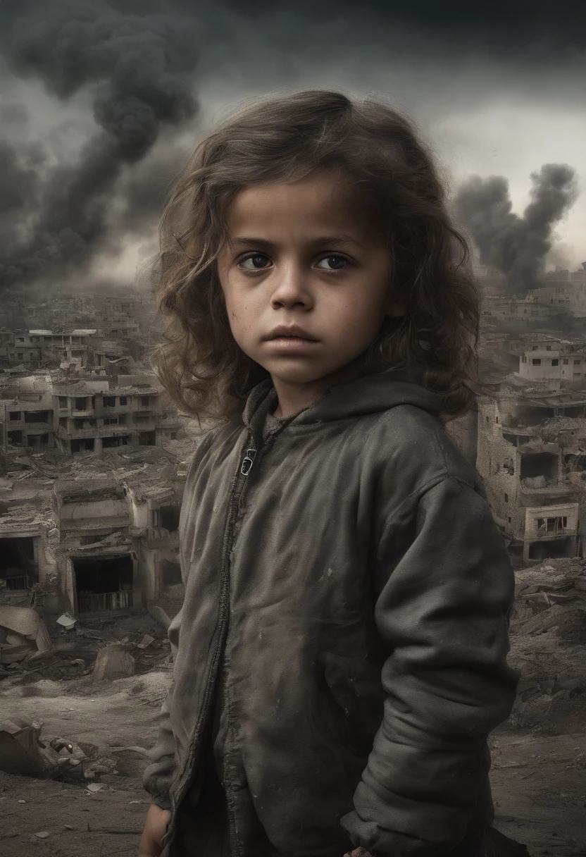 "Ultra-realistic depiction of a , Assis avec chagrin, Agonie, ((dried eye drops, Face focused on the camera)), messy, palestinien, curly hair, Dusty face and cloth,(( A destroyed city in the background, feu, cadavre humain sur le sol, certaines personnes pleurent, Destroyed building)), hyper detailed, Couleur dynamique, nuance noire et grise, Super Emotional Image, against a dark and haunting backdrop and surrounded by swirling black smoke. The image must be in a captivating 16:Format 9."