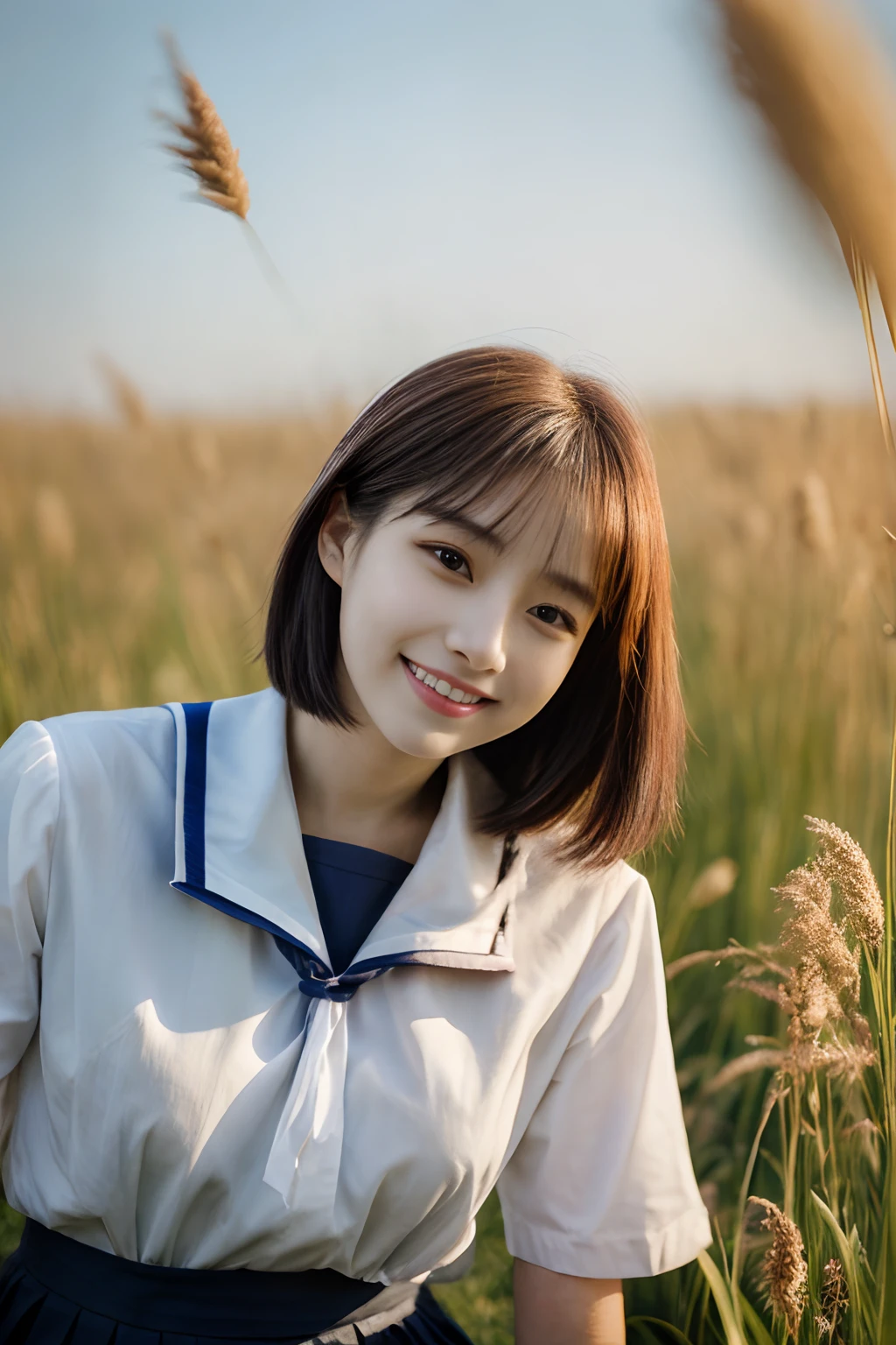 ​masterpiece、4K、top-quality、beautiful Korean women、detail portrayal、1 girl in、23years old、(sailor shirt:1.1)、bob cuts、grass field、sunlight、depth of fields、cowboy  shot、(Angle from below:1.2)、ssmile