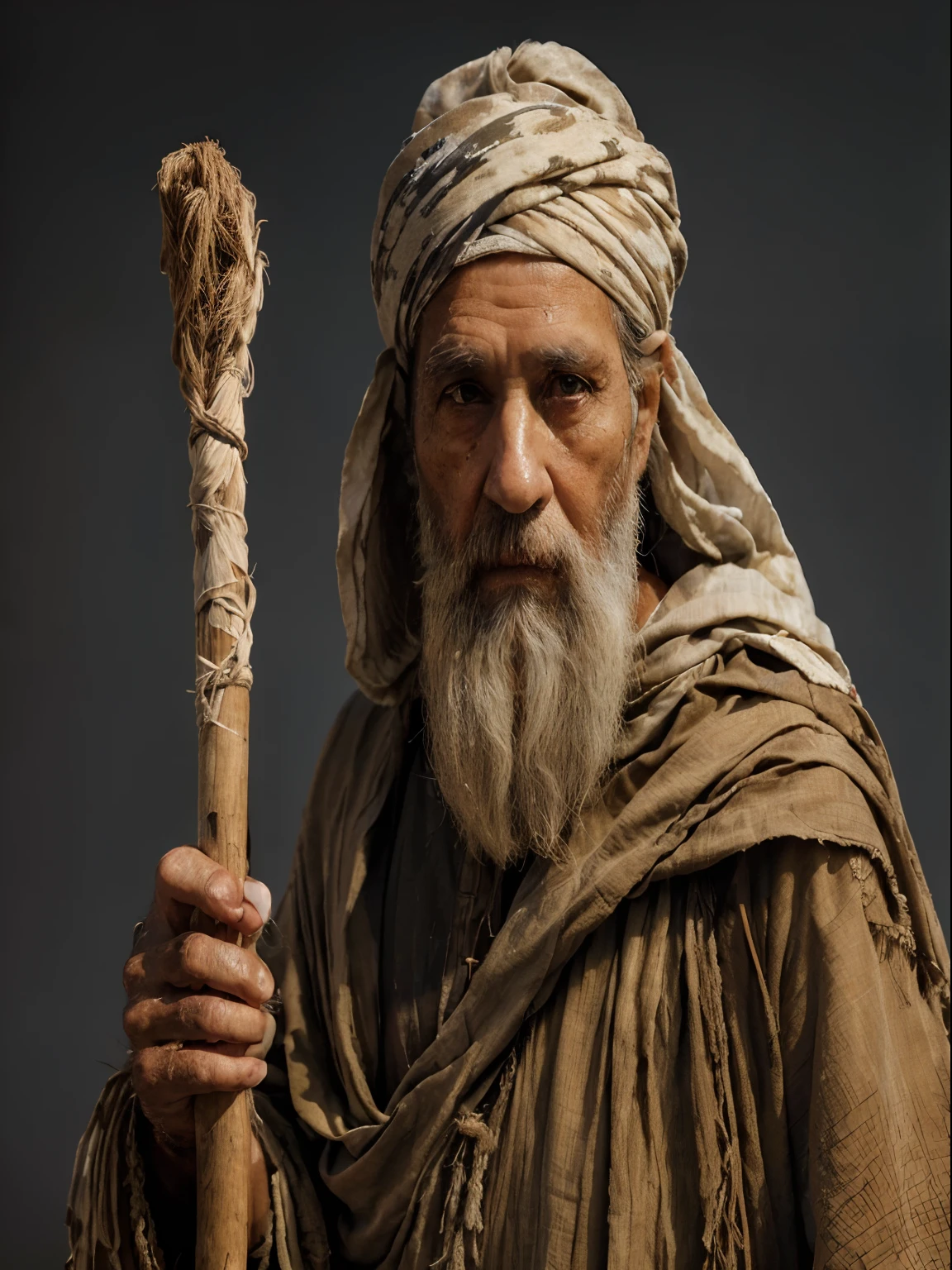 (best quality,4k,8k,highres,masterpiece:1.2),ultra-detailed,(realistic,photorealistic,photo-realistic:1.37),portraits,man,black turban,old man,leaning,stick,cloth wrapped around stick,aged face,careful detailed wrinkles,white beard,gentle eyes,tattered clothes,dusty background,vibrant colors,soft lighting