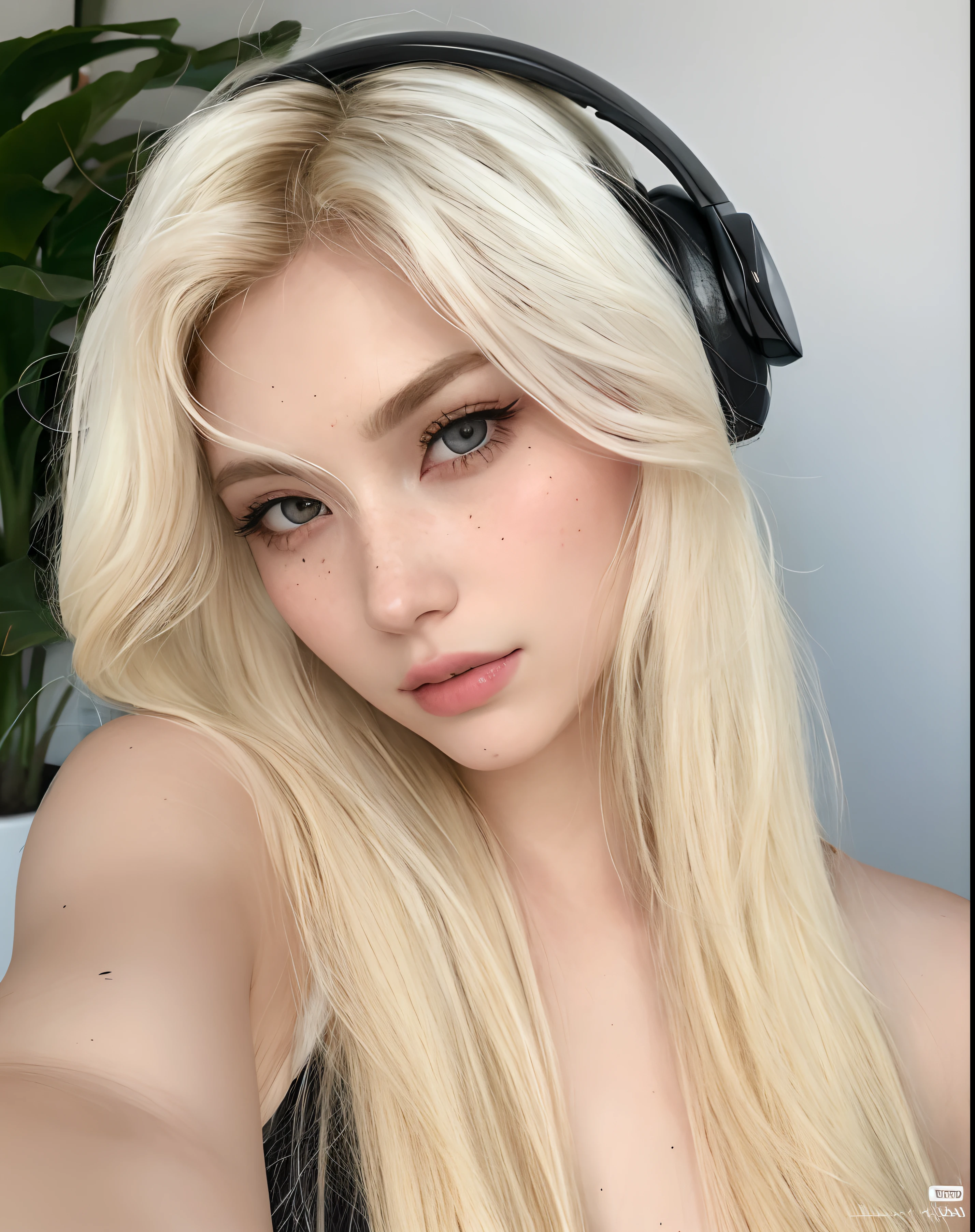 Mujer rubia con auriculares en la cabeza y una planta de fondo, Ava Max, cabello rubio y ojos grandes, Cabello largo y rubio y ojos grandes, Chica perfecta de pelo blanco, Anna Nikolanova aka Newmilky, pecas blancas, Una chica con cabello rubio, Amouranth, extremely pale blond hair, Hermosa Delphine, Retrato de Kim Petras