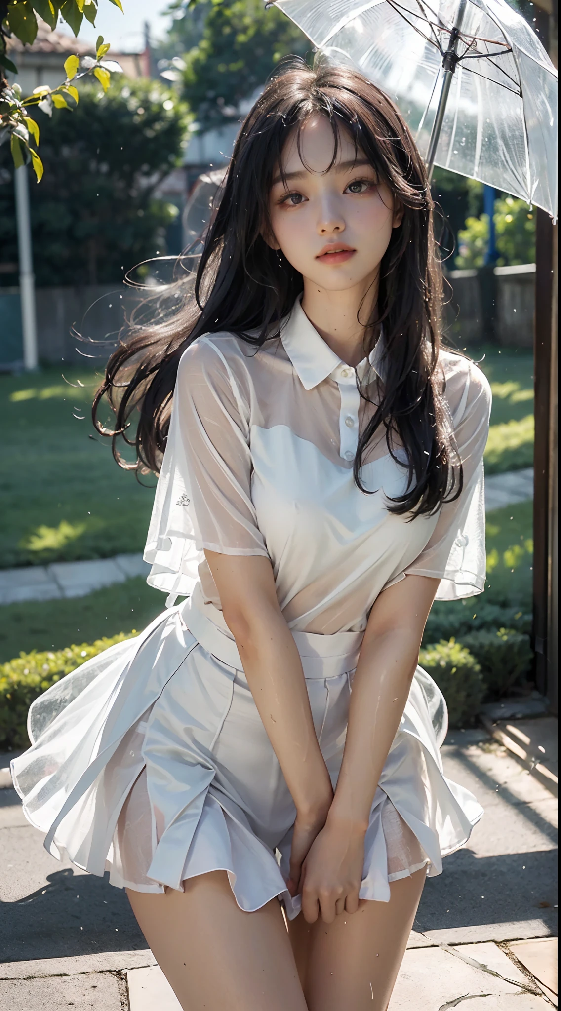(8K, Best quality, Masterpiece:1.2), (Realistic, photo-realistic:1.37), Ultra-detailed,Best quality, 超高分辨率, Professional lighting, photon maping, Radio City, Physically-based rendering, Cinematic lighting, Clear sky,
basketball playground,Depth of field, Sharp focus,rays of sunshine, well-composed,(Bokeh:1.2)
1girll,Solo,(full bodyesbian), (Closed mouth),Beautiful detailed eyes, Pose, Narrow waist, Tennis dress, Tennis skirt, tennis uniform,
Black hair,Messy hair,long hair floating in the wind,(Ulzzang-6500:1.2), pantyshot, (Rained, See-through, Wet shirt, Wet hair, Wet clothes:1.2),