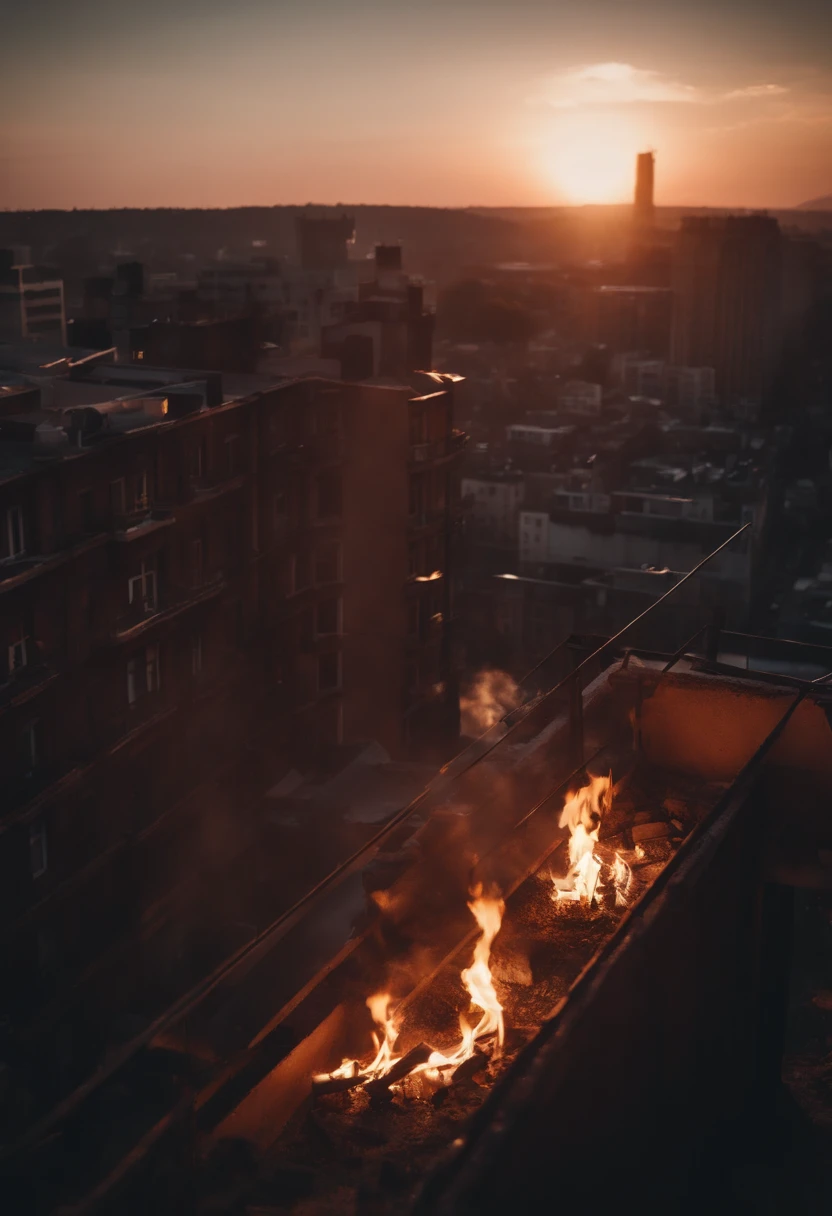On top of a apartment building, overlooking a ruined city, buildings with small fires, beautiful sunset, peaceful