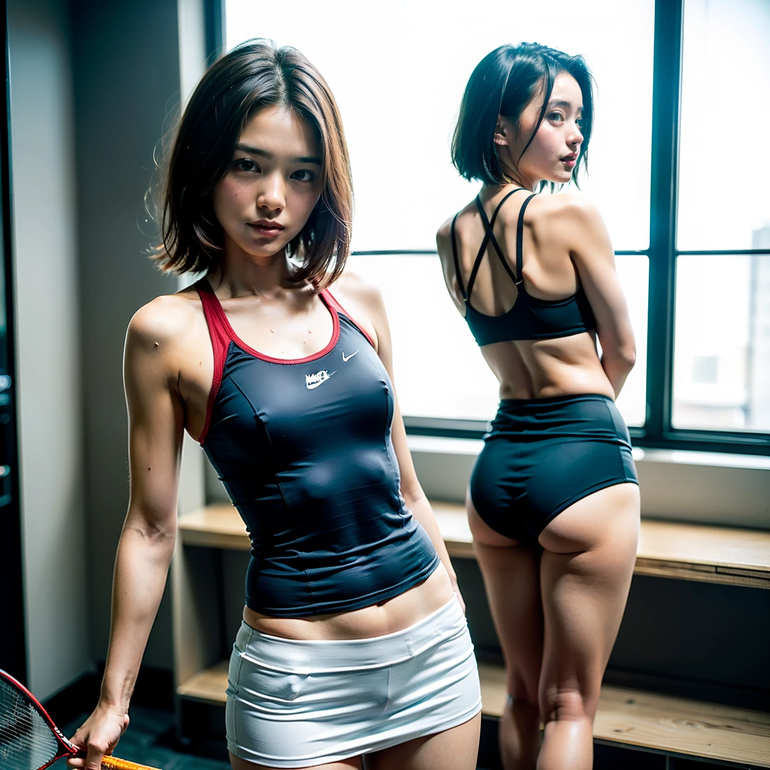 (2girls:1.2), (a detailed full-body RAW photo of a girl), (masutepiece:1.0), (Best Quality:1.4), (超A high resolution:1.2), (Photorealistic:1.4), 8K resolution, Canon EOS R5, 50 millimeters, absurderes, ultra-detailliert, (18 year old), Sharp Focus, Cinematic lighting, Detailed beautiful face, (no-makeup:1.2), (ulzzang -6500-v1.1), petite figure, Detailed skin texture, flat chest, (skinny and fit body:1.6), Detailed brown hair, sweltering,(Very short hair:1.5), (Very thin fit blue and white Nike short badminton uniform:1.5), (tight miniskirt:1.3), (Tube Top:1.3), (See-through:1.2), realistic glistening skin, (Sweating:1.3), Detailed texture, (Japan National Team Players:1.5), (flat chest:1.5), (no bra:1.2), (Erect :1.3), (Tilt upper body forward and turn around and show hip:1.5), (from behind), (Cameltoe:1.3)(up skirt:1.5), (sun burn:1.5), (up skirt), (sports gym), (smile with teeth:1.5), ((bend upper body forward)), ((look back)), ((show hip)), from bellow, (leaning flont:1.5)