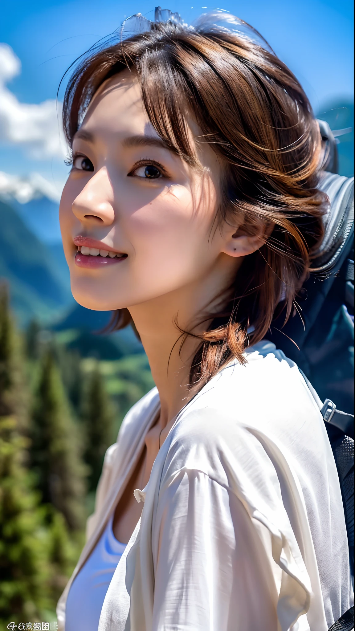 (Natural Landscape Photography), (Best Quality), masutepiece:1.2, 超A high resolution, (Magnificent mountain, sea of clouds), (At very high mountain peaks), (Beautiful sunset), (Wide angle shot),  (Show cleavage:0.8),
(1girl in), (fully body photo:1.3), (18 years old), (Smile:0.9), (Shiny skin), (Semi-long chignon hair, dark brown hair), 
(Loose white shirt, Parachute pants), (Carrying a large backpack), (Shots from a short distance),On the way to climbing
(hyperdetailed face), (Super Beautiful Maid), (Ultra detailed eyes), (Ultra-detailed nose), (Ultra detailed mouth), (Ultra detailed arms), (ultra detailed body), Pan Focus, gaze at the audience