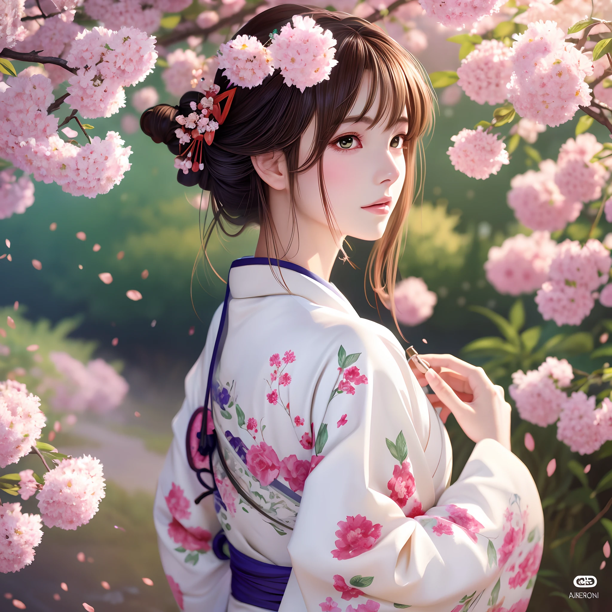 Alafed woman in kimono with flowers on her head, beautiful digital works of art, beautiful digital illustrations, beautiful digital painting, Gorgeous Digital Painting, artwork in the style of guweiz, photorealistic anime girl render, Smooth Anime CG Art, Beautiful digital art, great digital art with details, stunning digital illustration, Detailed Digital Anime Art, render of april, Beautiful Anime Portrait