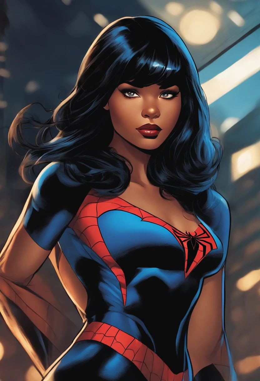 Comic marvel panel, black straight hair girl, with bangs, spiderman costume black and blue, character