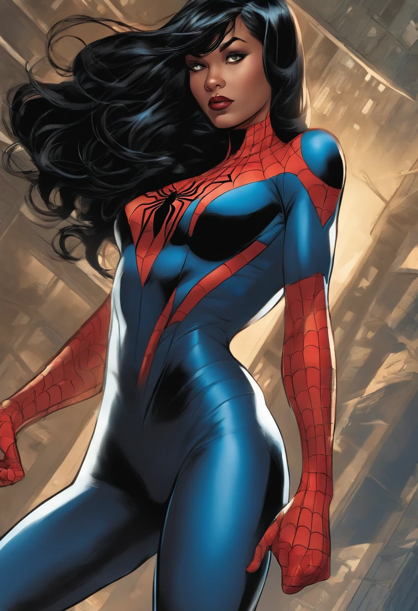 Comic marvel panel, black straight hair girl, with bangs, spiderman costume black and blue, character