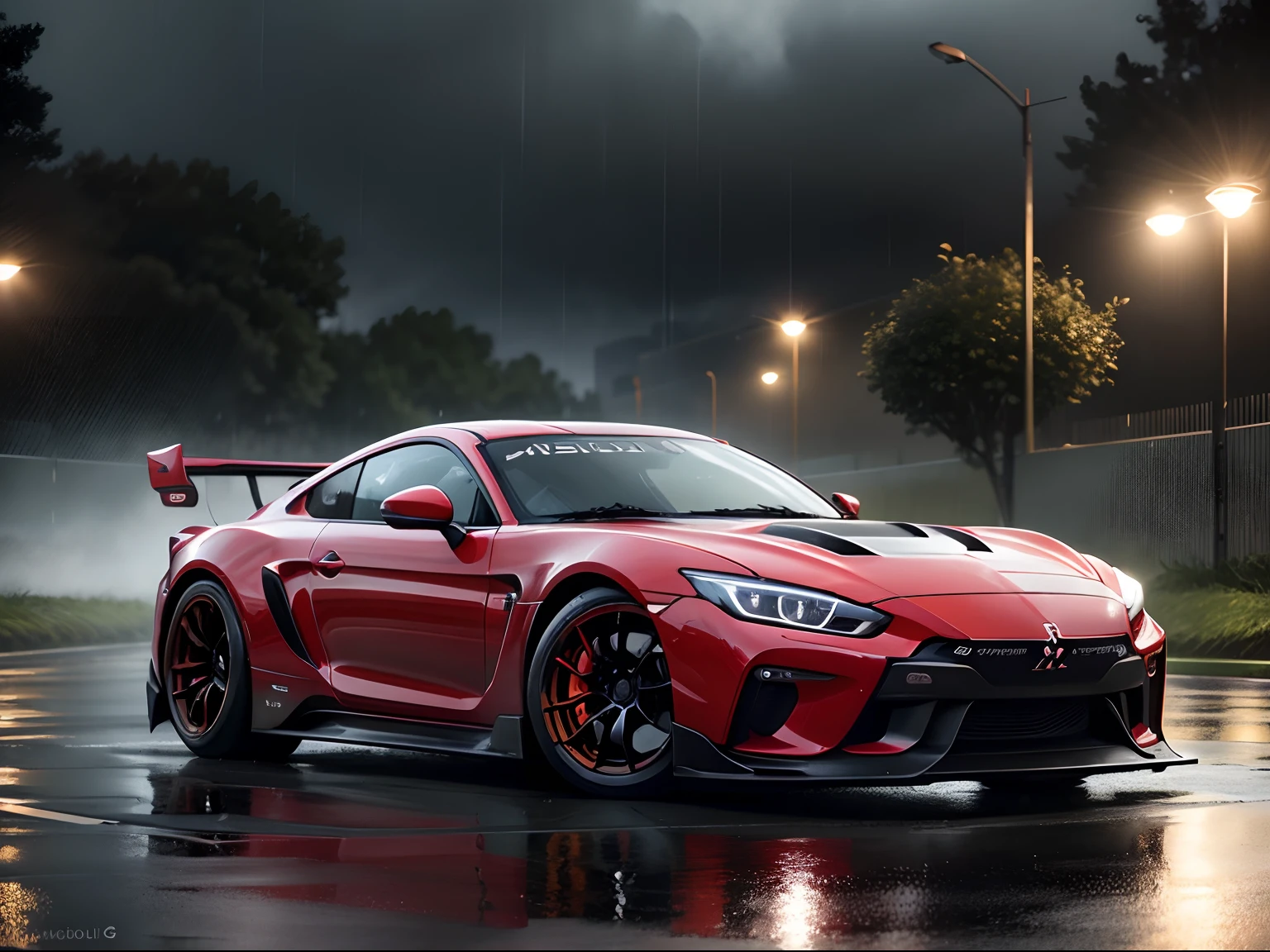 Red Mitsubishi Emeraude GT3　Norris Link in the Rain　Realistic Rain　A car running with its lights on